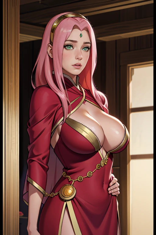 Super-realistic Fashion photoshoot of a pink haired mature female, sakura\(boruto\) as a beautiful arab woman, perfect face, perfect nose, perfect green eyes, perfect lips, with (Pink wavy semi-long hair), wearing (red and gold shawl and a red dress), shy and nervous expressions, low key image, sharp texture, 4k, 8k, shot with Canon EOS 5D Mark III, 50mm, f/8, realistic face and body, upper body closeup, big breasts, standing, arabian harem background