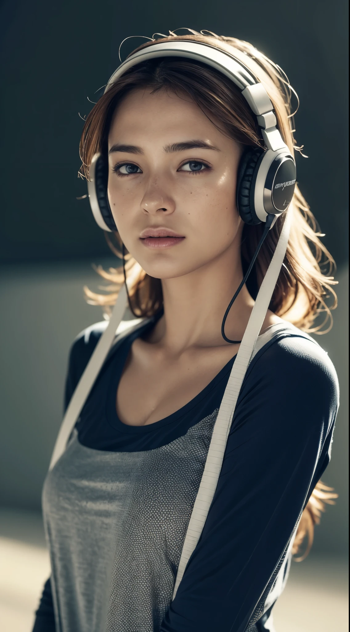 dressed, (photo realistic:1.4), (hyper realistic:1.4), (realistic:1.3), (smoother lighting:1.05), (increase cinematic lighting quality:0.9), 32K, 1girl,20yo girl, realistic lighting, backlighting, light on face, ray trace, (brightening light:1.2), (Increase quality:1.4), (best quality real texture skin:1.4), finely detailed eyes, finely detailed face, finely quality eyes, (tired and sleepy and satisfied:0.0), face closeup, t-shirts with headphones, (Increase body line mood:1.1), (Increase skin texture beauty:1.1)
