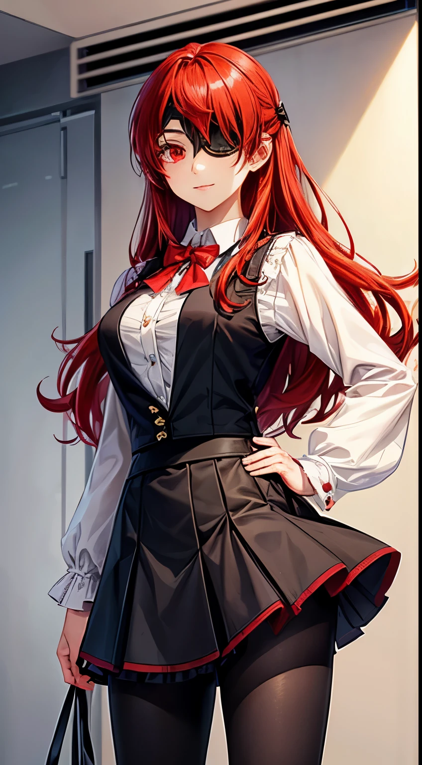 ((best quality)), ((masterpiece)), (detailed), perfect face, ((eyepatch:1.2)), (long hair:1.4), (red hair, red eyes:1.4), 1girl, solo, skirt, shirts, vest, legging, white shirts, Button-up shirts, black vest, smile, outdoors, black skirt, looking at viewer, black legging, rose pattern legging, long sleeves, bangs, ribbon, frilled skirt, frills, plaid, bow, Star shape eyepatch, gold eyepatch, standing, red ribbon, wide sleeves, hand on waist, medium breasts, cafe, inside bosco cafe, cowboy shot, elegance, mature women