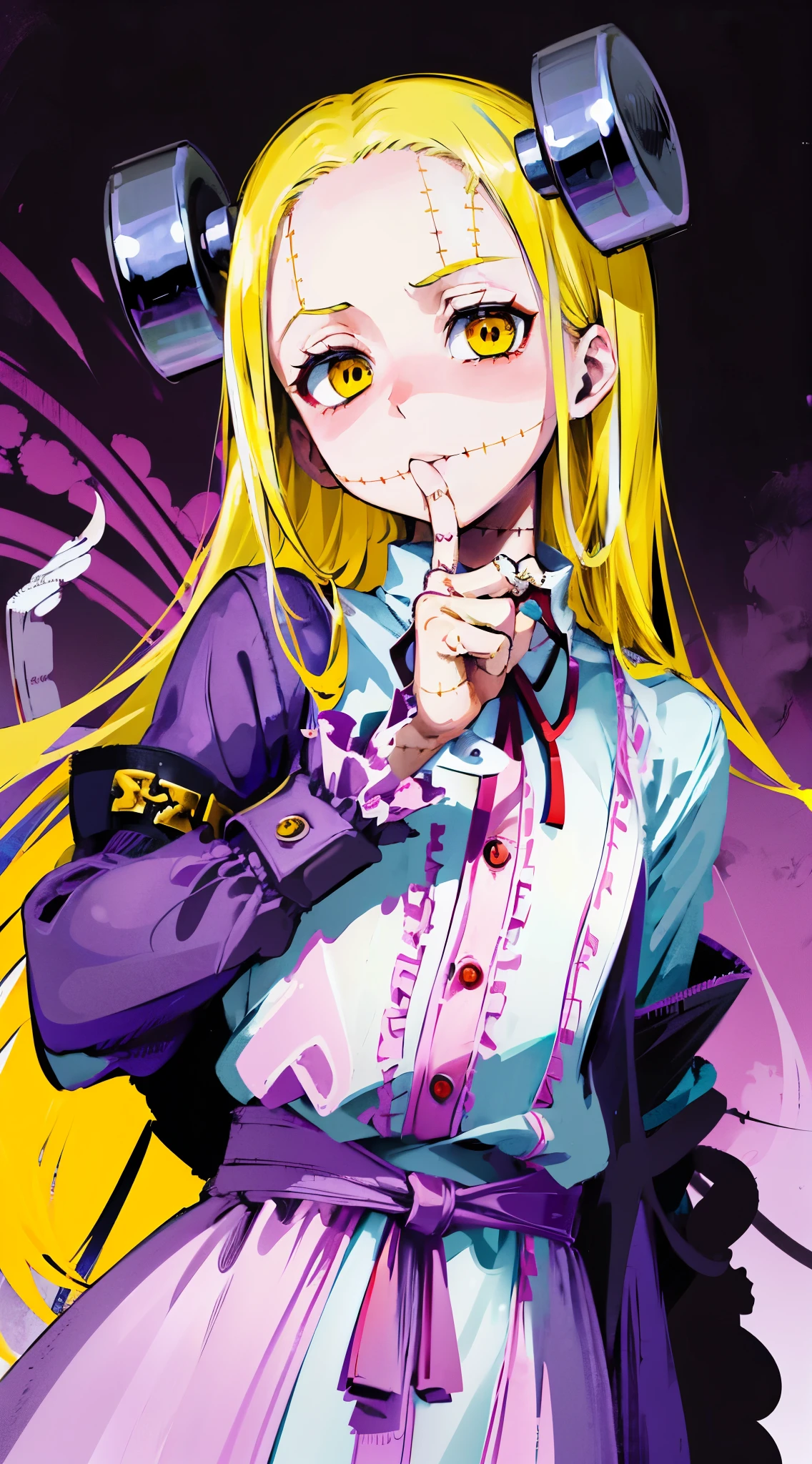 Madaraki_Fran,A girl ,stands,awkward,the madhatter ,surgeon ,wrinkles,concerned,((bites his finger)), hairlong , yellow hair,seams , Scars on the body , A creepy look , scary eyes , An intimidating look , creepy smile , bags under eyes, ((((nervous))))