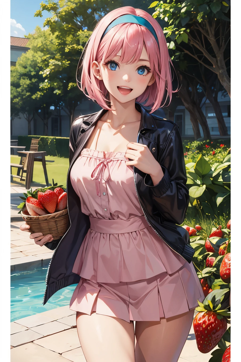 (masterpiece), (best quality), high resolution, ultra detail, photorealistic, 8K, intricate face, detailed body, detailed face, beautiful, 
BREAK
1girl, cute girl, shiny body, shiny skin, middle breasts), pink hair, short bob hair, hairband, blue eyes
BREAK
blouse under peplum jacket, tiered skirt, (eating strawberries), happy smile, open mouth, cowboy shot