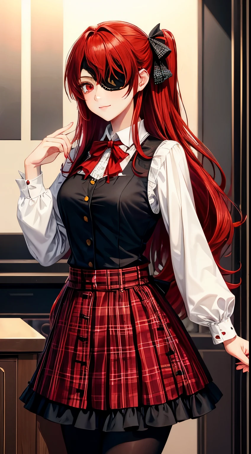 ((best quality)), ((masterpiece)), (detailed), perfect face, ((eyepatch:1.2)), (long hair:1.4), (red hair, red eyes:1.4), 1girl, solo, skirt, shirts, vest, legging, white shirts, Button-up shirts, black vest, smile, outdoors, black skirt, looking at viewer, black legging, rose pattern legging, long sleeves, bangs, ribbon, frilled skirt, frills, plaid, bow, Star shape eyepatch, gold eyepatch, standing, red ribbon, wide sleeves, hand on waist, medium breasts, cafe, inside bosco cafe, cowboy shot, elegance, mature women