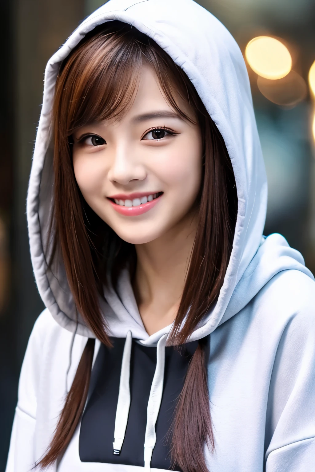 ２０generation　a beauty girl　a smile　Hair length bob　Brown hair　selfee　Hooded hoodie　piece sign