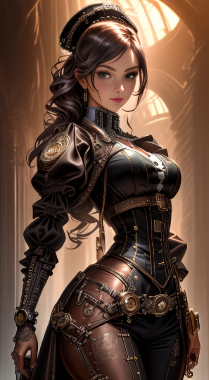 Pose de modelo sexy, cabelo rabo de cavalo, cabelo vermelho, Beautiful young biomechanics steampunk fight cyborg woman realistic film shallow focus scene, Mais sobre seu steampunk de corpo inteiro、It is in fluid motion in an arid place with stunning cloudscapes and sunsets、hydraulic cylinder、metro、Pipes、LED lamp、vacuum tubes、processador、LED、Tubo de escape de fibra de vidro、radiador、electronic circuitry、
The cleavage is visible、
(usando roupas futuristas (tangerina:0.3) Its intricate and detailed steampunk body of anatomically sculpted biomechanical graphite, (Biomechanical Graphite Steampunk Cyborg Grady、Complex and detailed anatomical carved with gothic detail).Fone de ouvido futurista、
(Biomechanical graphite steampunk cyborore anatomically sculpted in elegant and glamorous goth lolios, Wires and microchips are、Habilmente em seu corpo ciborgue feminino)
Corpo esguio em forma quente com um lindo rosto jovem e redondo, expressivos grandes olhos redondos,
Capturado com luz natural brilhante e belas cores vibrantes. Stunning images with 8K resolution in steampunk style.
The scene has a strong heroic unconquerable mood, a masterful complete scene of the female full body standing with a happy expression.