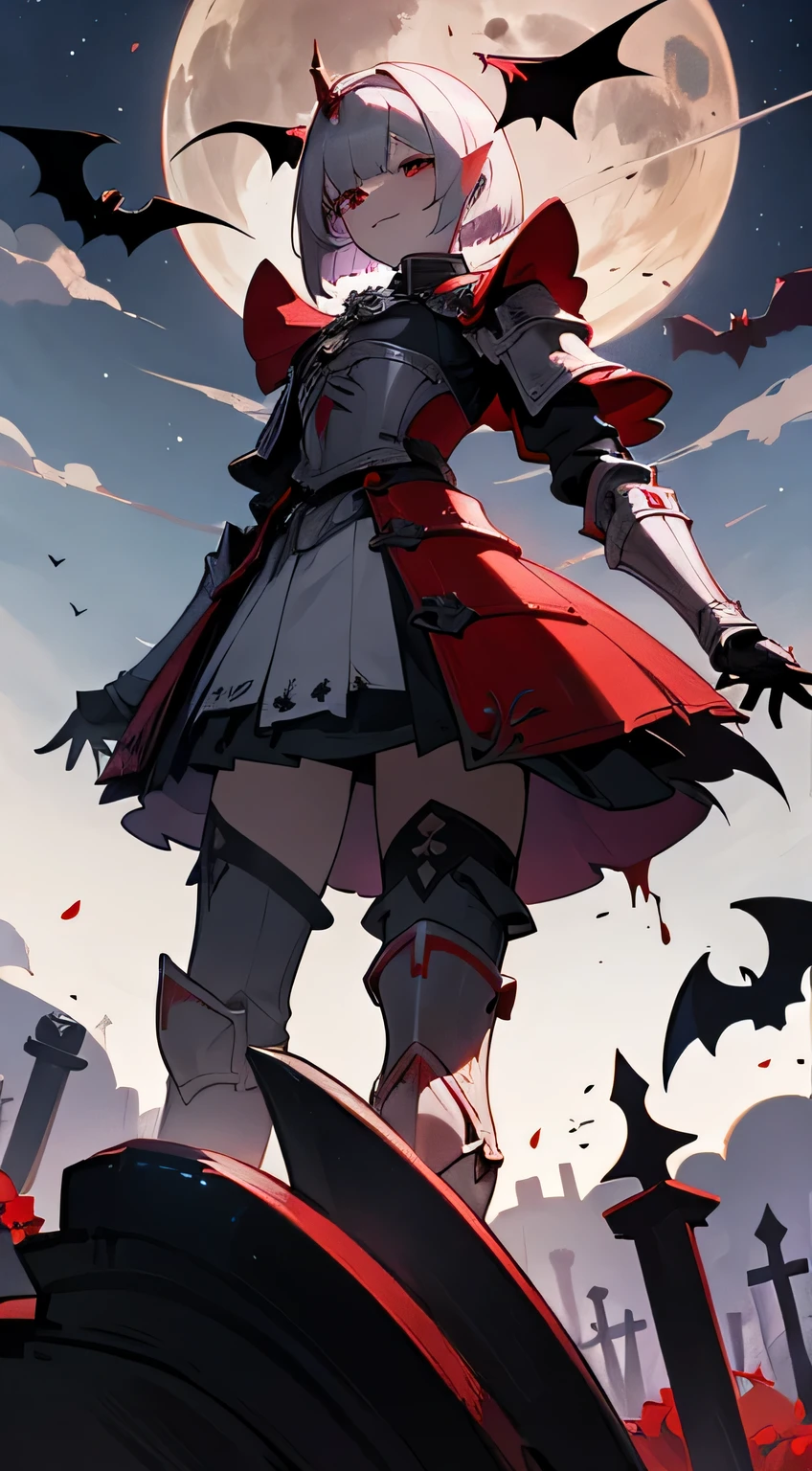 Vampire, Fangs are visible from the mouth, femele, purplish white skin, silver blond, a short bob, Slender eyes, Red Eyes, long eyeslashes, small mouth, long pointed ears, Red Full Plate Armor, red heavy armor, Red armor, Holding a spear in his right hand, A mass of magical power that dwells in the left hand, burial site, leaning gravestone, Calaveraが散乱, Calavera, natta, crescent moon behind, starrysky, Bats are flying, blood splashing
