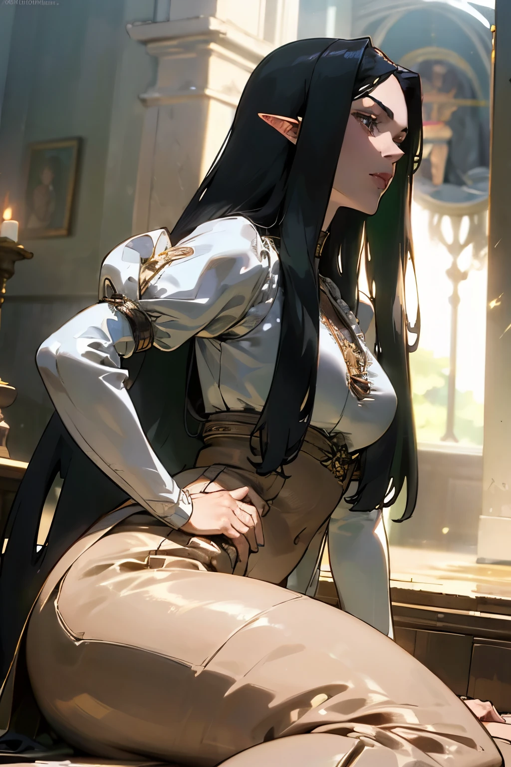 solo, (sultry renaissance dress:1.0), ((masterpiece)),((high resolution)),((best quality)), extremely fine and beautiful, super fine illustration, (realistic skin), (insanely detailed anime eyes), milf, vivid and beautiful, shocking sensation, incredibly detailed, beautiful detailed girl, supple breasts, front view, facing at viewer, black hair, (elf), medium long elf ears, (see-through:0.5), covered, ((black hair)), (very long hair), profile, small plump breasts, plump thighs, wide hips, movie lighting, perfect shadow, realistic lighting shaded