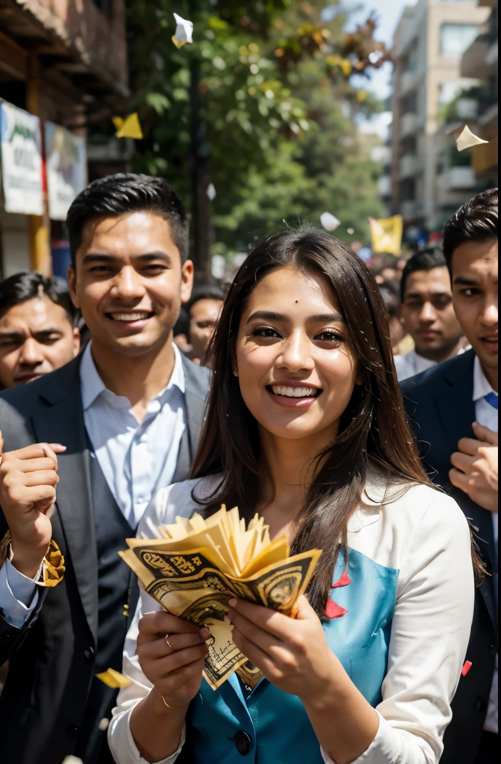 A group of young entrepreneurs in suits celebrating with confetti, holding stacks of cash . Make the entrepreneurs look like Nepalese. (best quality,4k,8k, high res,masterpiece:1.2), ultra-detailed, realistic, vibrant, and lively scenery, joyful expressions on faces, dynamic poses and actions, professional elegance) soft and warm lighting, golden and red color tones, bokeh effect creating a sense of celebration and excitement.