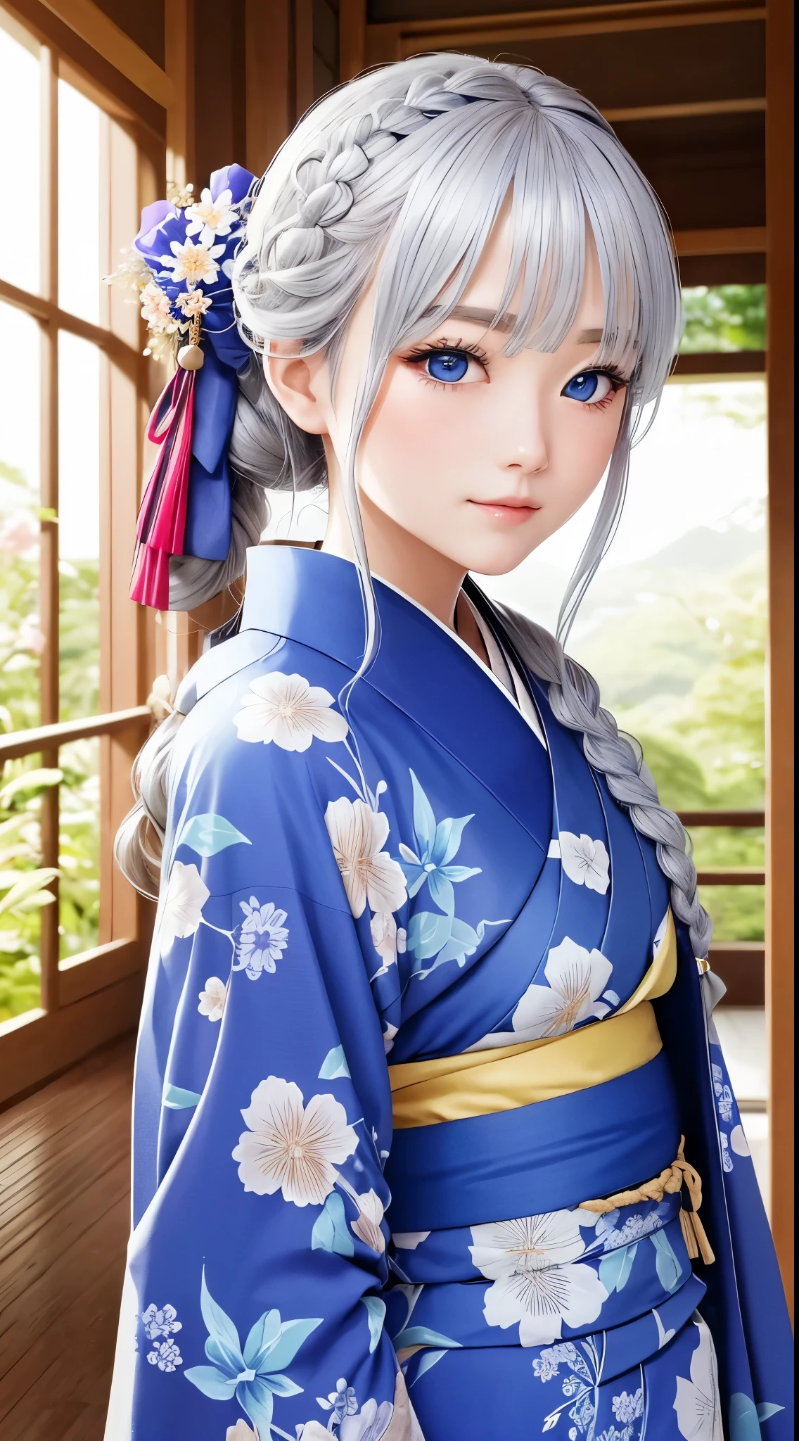 she is a kimono model、fancy floral kimono、Silver-haired braid、Blue eyes、
