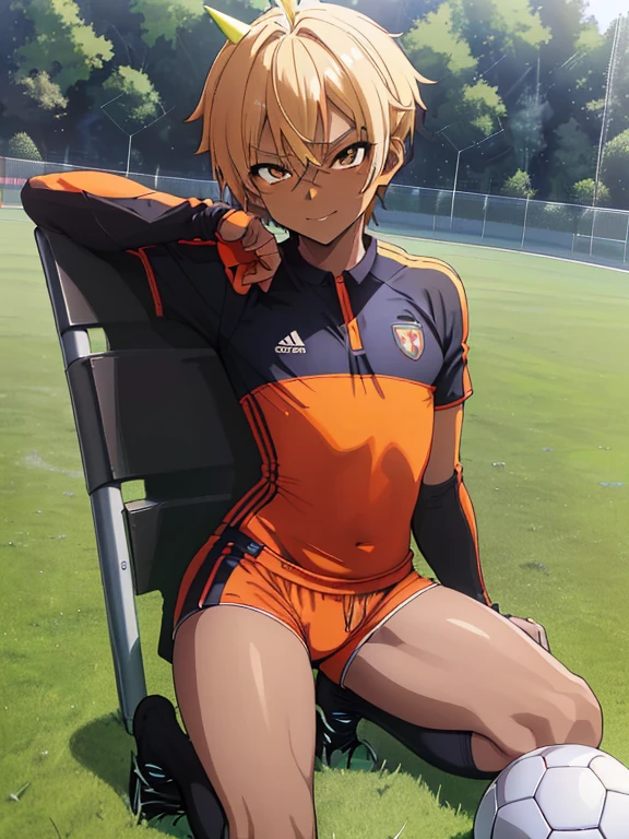 (((Official art,superfine illustration,hight resolution, masutepiece, best qualtiy,Best Quality,)))hightquality, detaileds, (A little boy),12 years old, A young ace striker male idol with a super cute face,A boy as beautiful as Planding, Cool handsome face with smile, soccer spike, Long legs, thighs thighs thighs thighs, Foots, Bulge, (Blonde hair、Spiky hairstyle)、Shiny hair, (tight shiny orange soccer uniform suit), (tight and shiny soccer shorts), (Soccer Socks), tussock, Cool pose, (厚いthighs thighs thighs thighs、Seduce your big ass to your crotch)、(((soccer field in the park)))、((cocky、))、Smirk、Spread legs,Ultra-fine painting, (Best Quality, 4K, 8K, hight resolution, masutepiece:1.2),(((Being aware of the sexual gaze of middle-aged gay men)))、Service Shots、(((Dark skin)))、((detailedsな目:1.4))