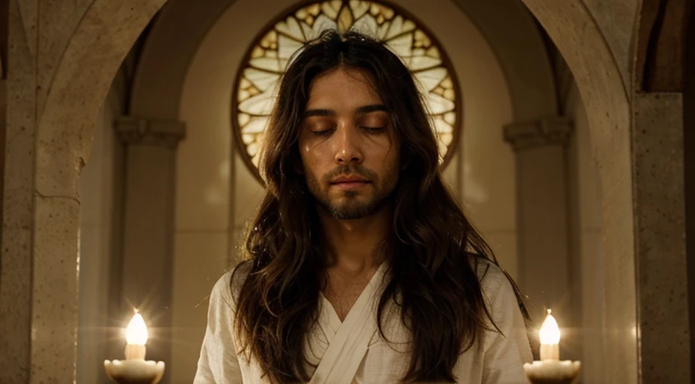 "I would like to request the creation of a high definition image of Jesus Christ, representando Sua serenidade, compassion and divinity. Por favor, imagine a scene where Jesus is illuminated by a heavenly light, with gentle and loving expression. Detalhes como a textura do cabelo, a luminosidade dos olhos e a atmosfera ao redor devem refletir a espiritualidade e a divindade. The image should convey a sense of peace and hope.