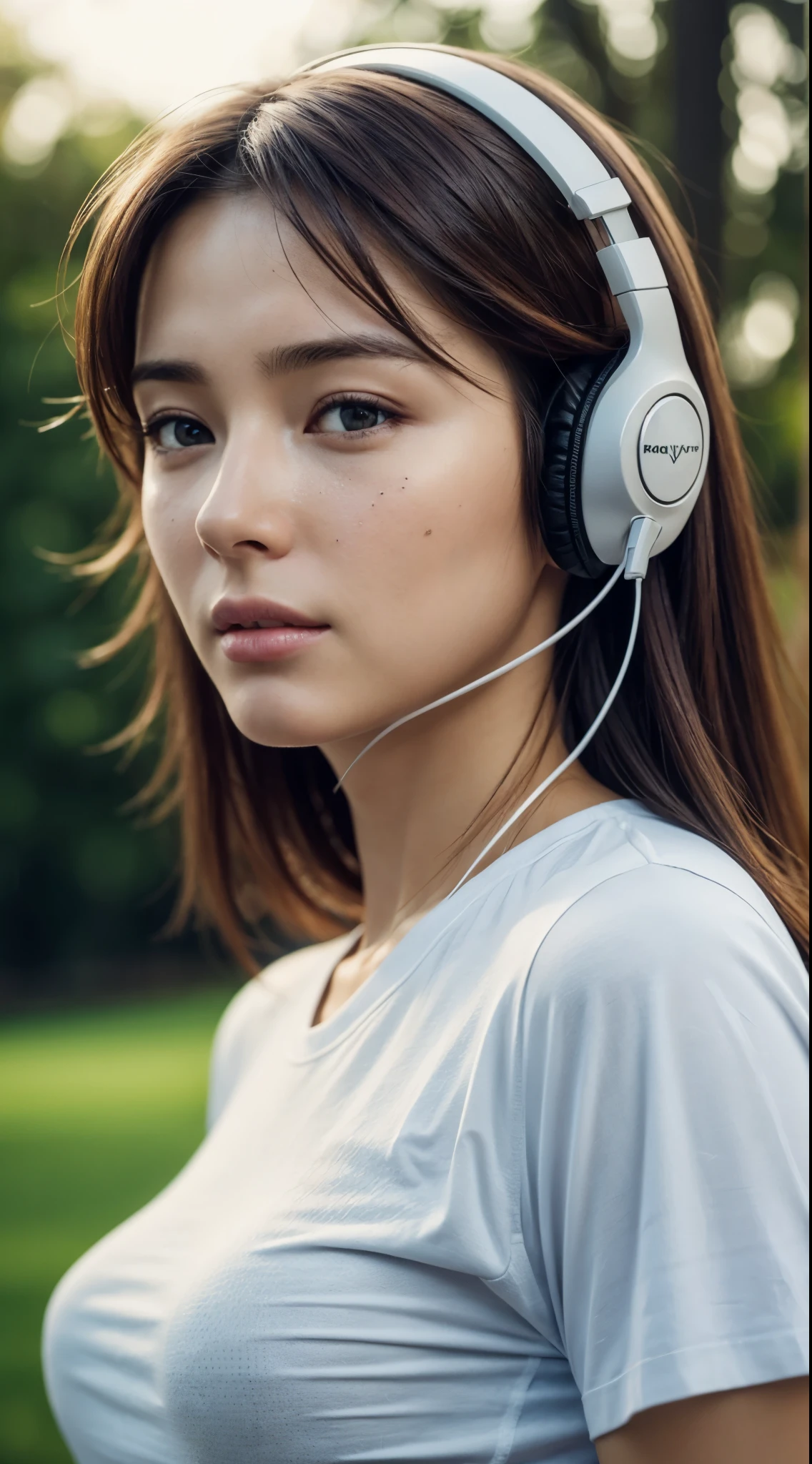 dressed, (photo realistic:1.4), (hyper realistic:1.4), (realistic:1.3), (smoother lighting:1.05), (increase cinematic lighting quality:0.9), 32K, 1girl,20yo girl, realistic lighting, backlighting, light on face, ray trace, (brightening light:1.2), (Increase quality:1.4), (best quality real texture skin:1.4), finely detailed eyes, finely detailed face, finely quality eyes, (tired and sleepy and satisfied:0.0), face closeup, t-shirts with headphones, (Increase body line mood:1.1), (Increase skin texture beauty:1.1)