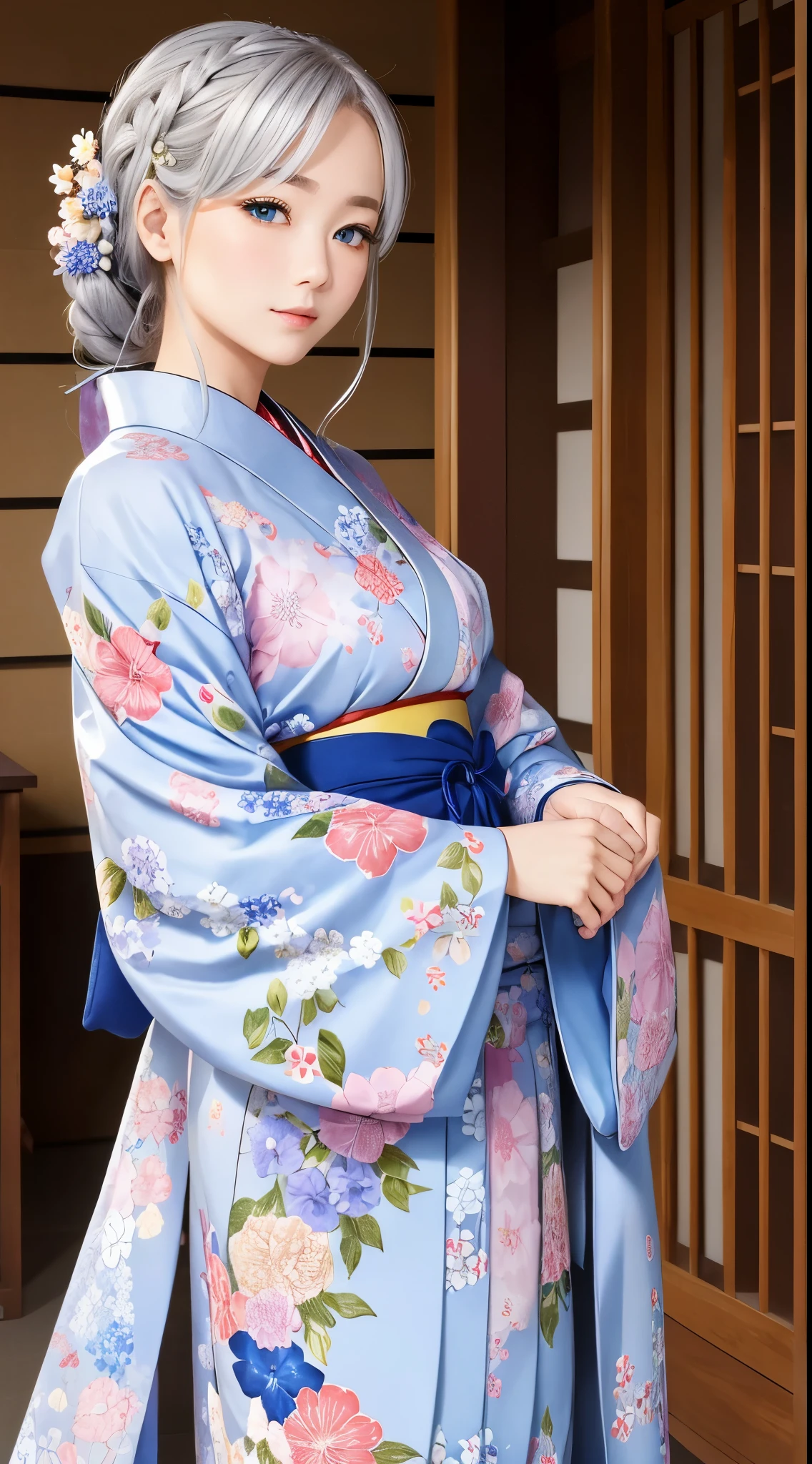 she is a kimono model、fancy floral kimono、Silver-haired braid、Blue eyes、