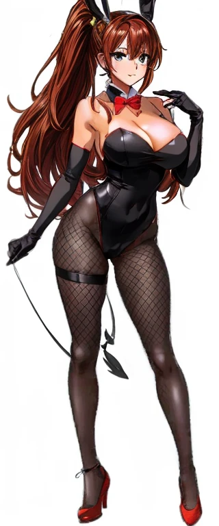 A beautiful woman with thin red hair, big breasts, beautiful legs, and a sharp face is standing in a black bunny suit and fishnet stockings with a hairstyle close to a ponytail.。