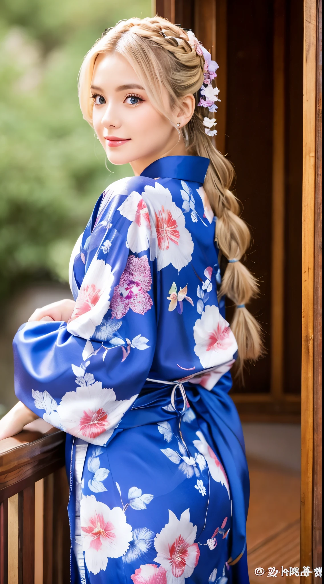she is a kimono model、fancy floral kimono、Silver-haired braid、Blue eyes、