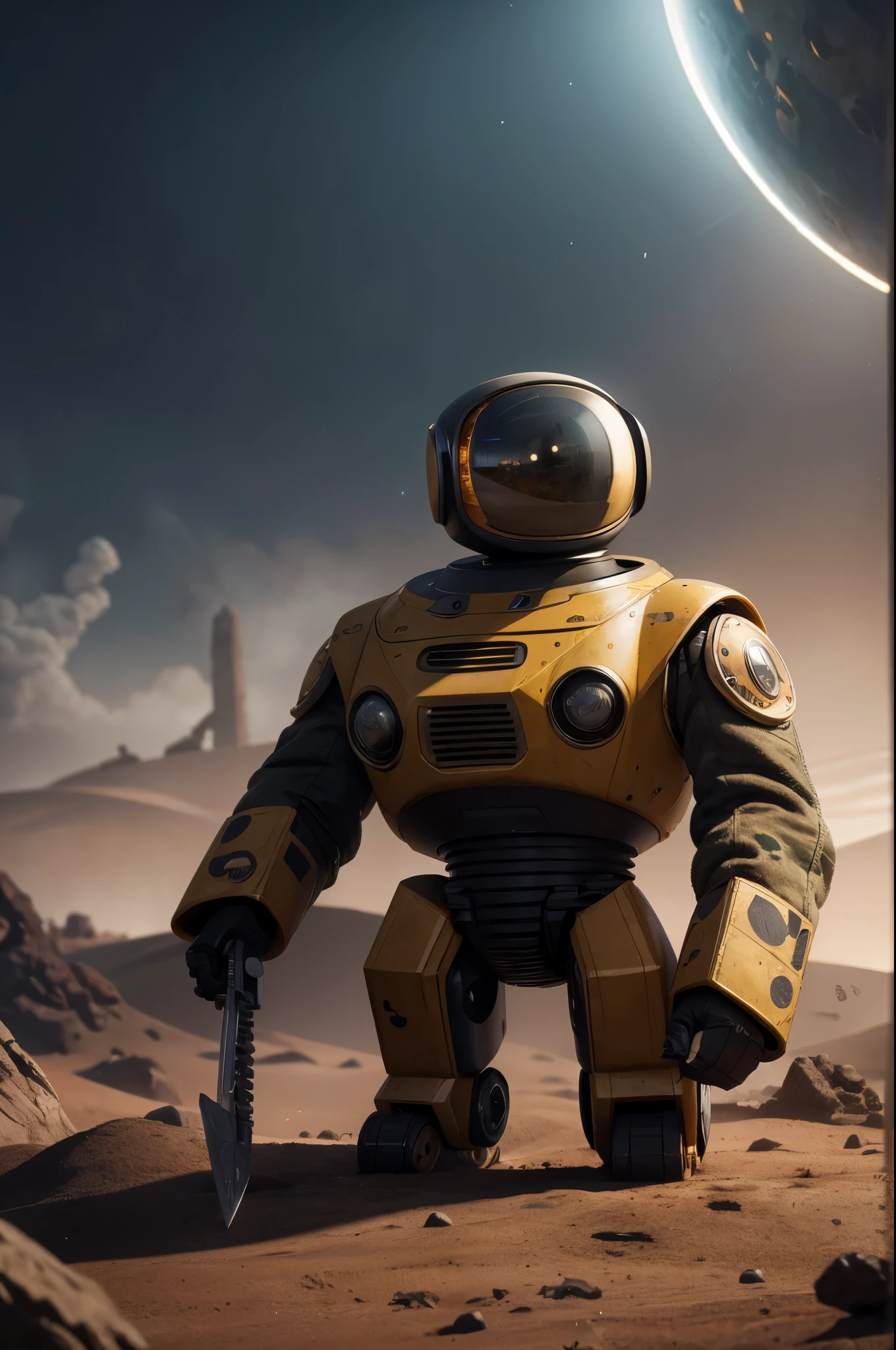 A Modern flat toon Crazy whit a Only Eye Robot, with shield tongs in hands, Tv head, pinhead, camouflage Yellow Rusty, Ambient in a meteorite crater super detailed, center, beautiful, soft lighting, focused on the character, 4K resolution, photorealistic rendering.
