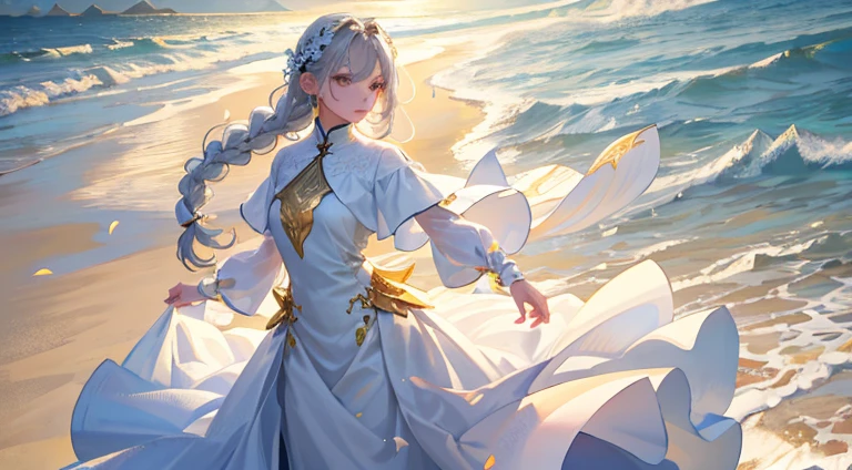 topquality、tmasterpiece、gray hairs、golden eye、white clothing、Take a look at、Strands of hair、fair-skinned、side braid、((Full-bodied))、((Beach))、fantastic、Mystical、(Many petals flutter.)、an artistic、long skirt、