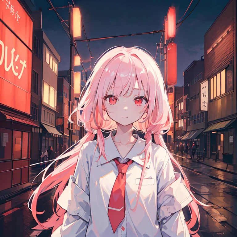 1girl, 独奏, li, Petite, (very_Long_Pink_Hair), braids, (Red_eyes), medium_가슴, (White_Shirt:1.5), (windbreaker), (def_shoulder:1.2), (Portrait), Glowing_eyes, Background_Light, (urban landscape:1.5), (Neon_Lights:1.2), (science), ciberpunk, ((Masterpiece)), (highest forest_Quality), (highly_Detailed), (Original),(Delicate Background),(extremely Detailed 8K wallpaper),cinematic Lighting, volume Lighting, Light particles, shaded_s face, Beautiful_Detailed_eyes, depth_de_field, perspective,