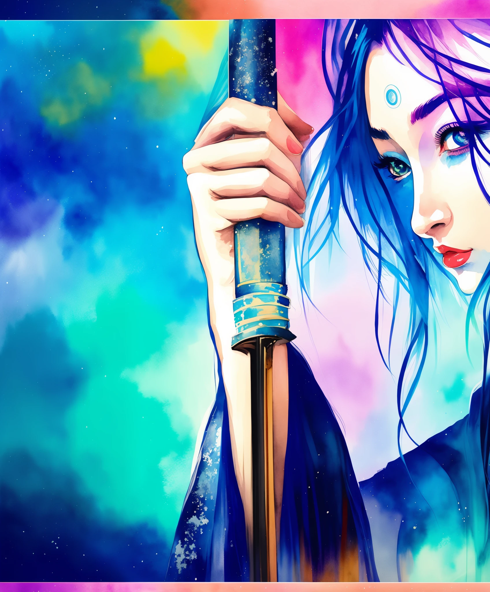 French and German image of a blue-haired woman holding a sword upside down, fantasy watercolor painting, Color screen tones, Inspired by Harry Clark, number art. Colorful comics, expressive digital painting, long hair human , colorized pencil, Inspired by Tadanori Yokoo, Snow woman’s sharp gaze, number art fantasy, colored sketch, number art picture