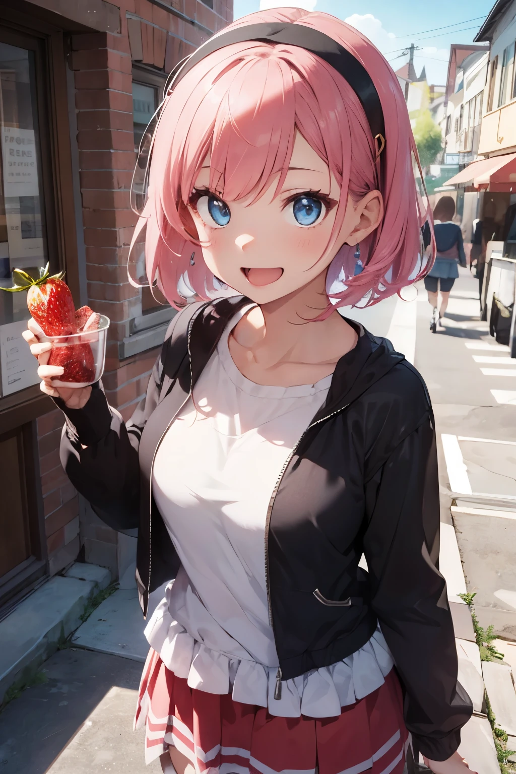(masterpiece), (best quality), high resolution, ultra detail, photorealistic, 8K, intricate face, detailed body, detailed face, beautiful, 
BREAK
1girl, cute girl, shiny body, shiny skin, middle breasts), pink hair, short bob hair, hairband, blue eyes
BREAK
blouse under peplum jacket, tiered skirt, (eating strawberries), happy smile, open mouth, cowboy shot