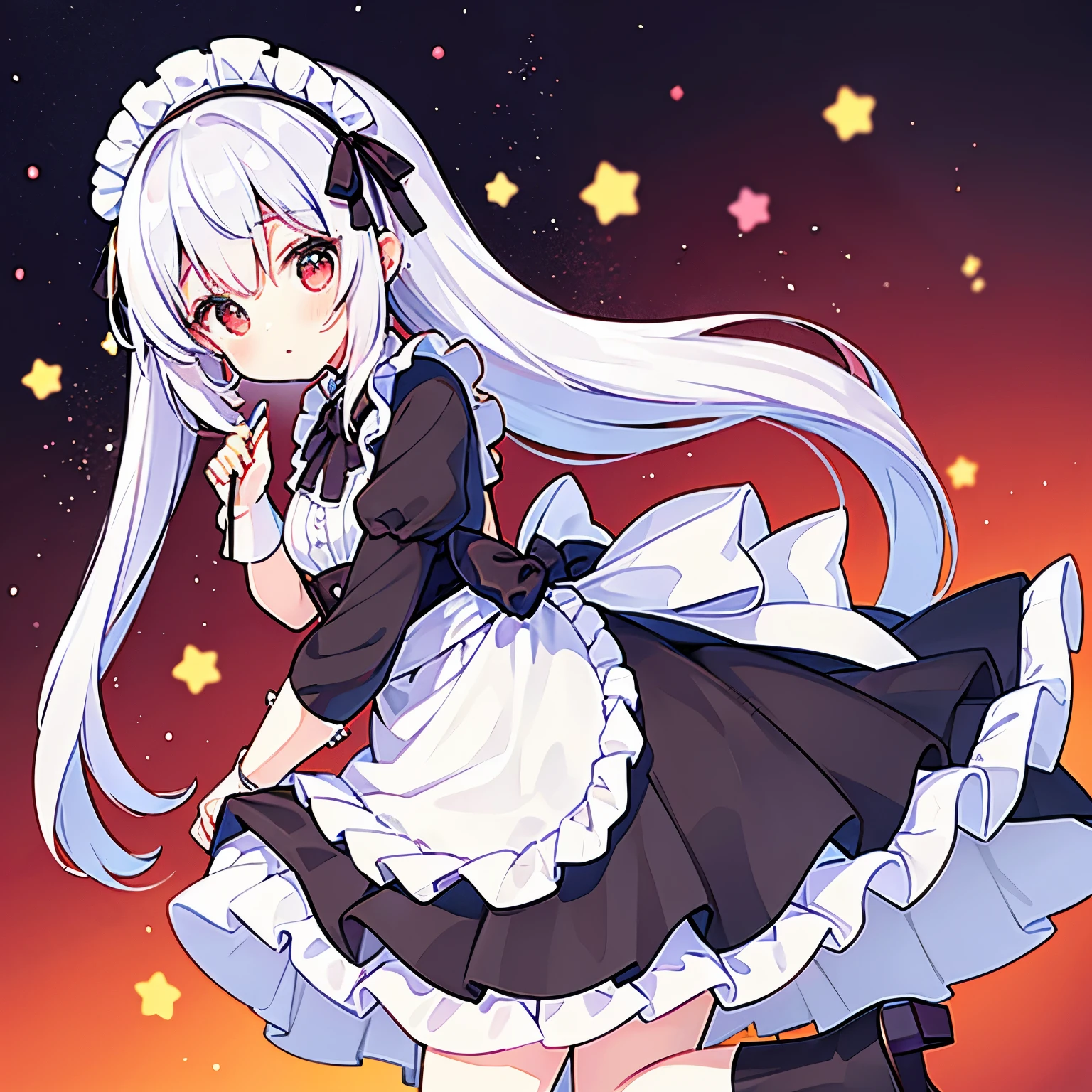 human cute girl, white hair, red eyes, maid clothes