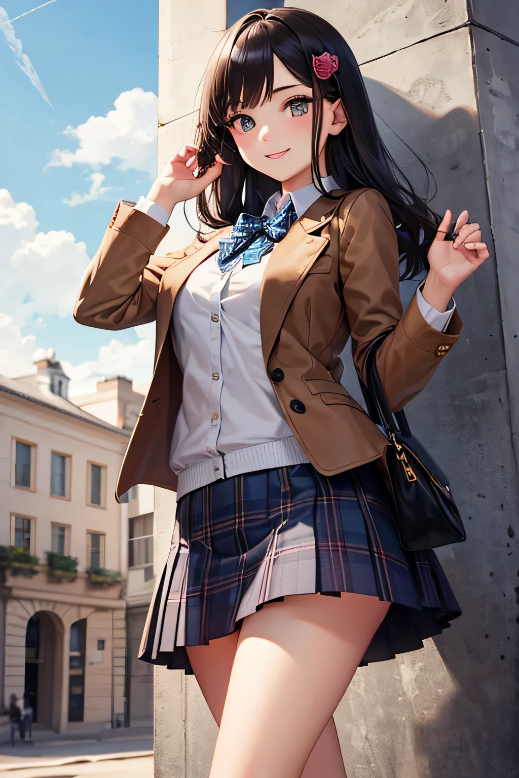 ((highest quality)), ((masterpiece)), (be familiar with), High school girl riding an escalator on her way home from club activities、brown hair、Navy blazer、Grey plaid skirt、navy blue socks、School bag、Back view、covert photography、Holding the skirt with your hands、(View from directly below)、navy blue socksのクローズアップ、mangaコマ割り、Manga style、manga、Station escalator、(crotch peek:1.3)