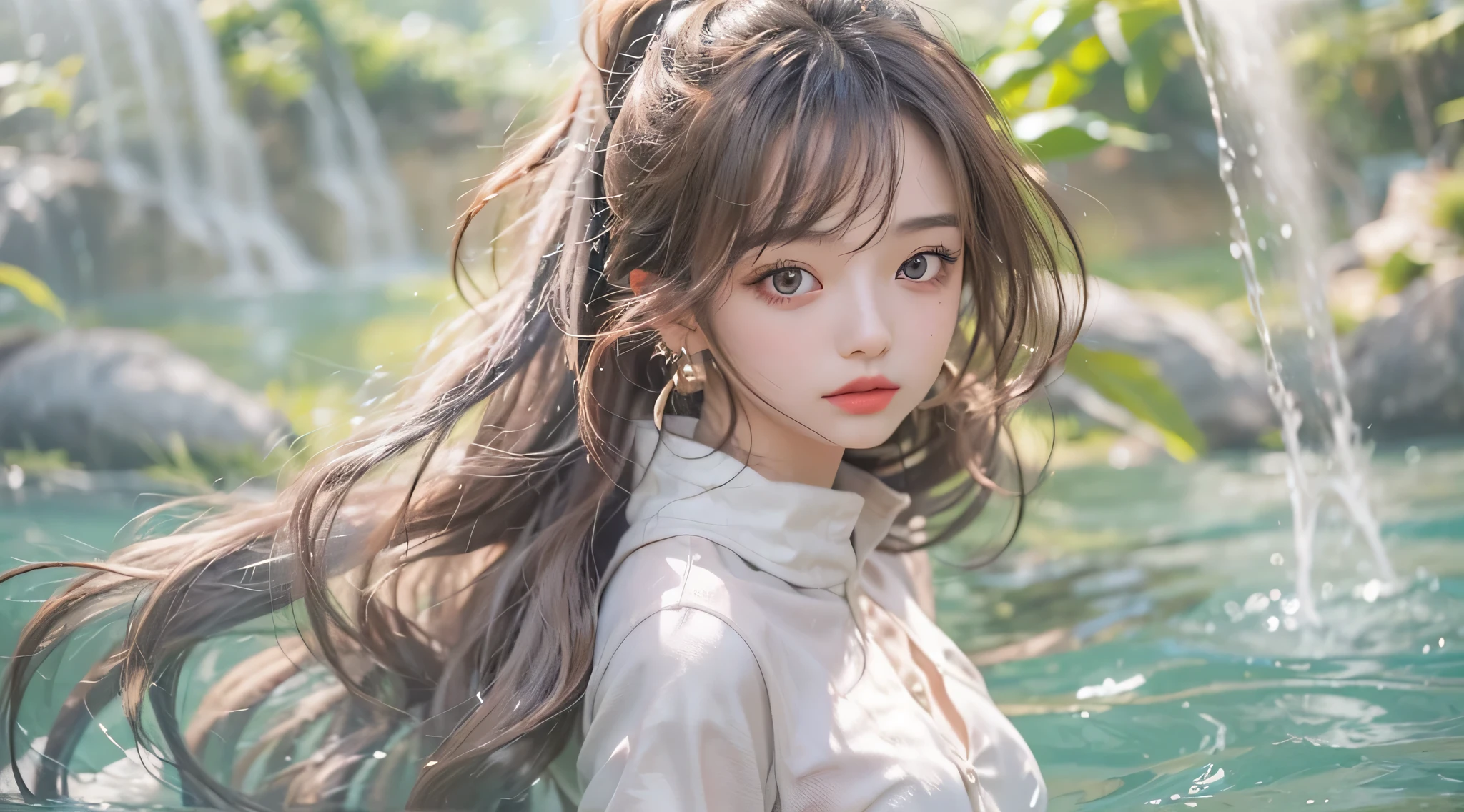 (upper part of body)、((1 girl in))、(in my 20s)、((long))、((patterson bangs))、((Grey ponytail))、(Looking at the view)、Pink makeup、(红Brown eyes)、(Great sense of reality:1.2)、8K、(Highqualityshadow)、Beautiful and delicate face with details Beautiful and delicate eyes with details、cute korean pop idol、(Korean Urzan face)、(Urzan-6500-V1.1:0.6)、glowing light eyes、perfect body figure、Natural color reproduction、bright red lipstick、((Brown eyes))、shinny hair、Describing hair as beautiful and slender、(Glow skin)、电影灯光、white apparel、Standing in the water of a small waterfall、