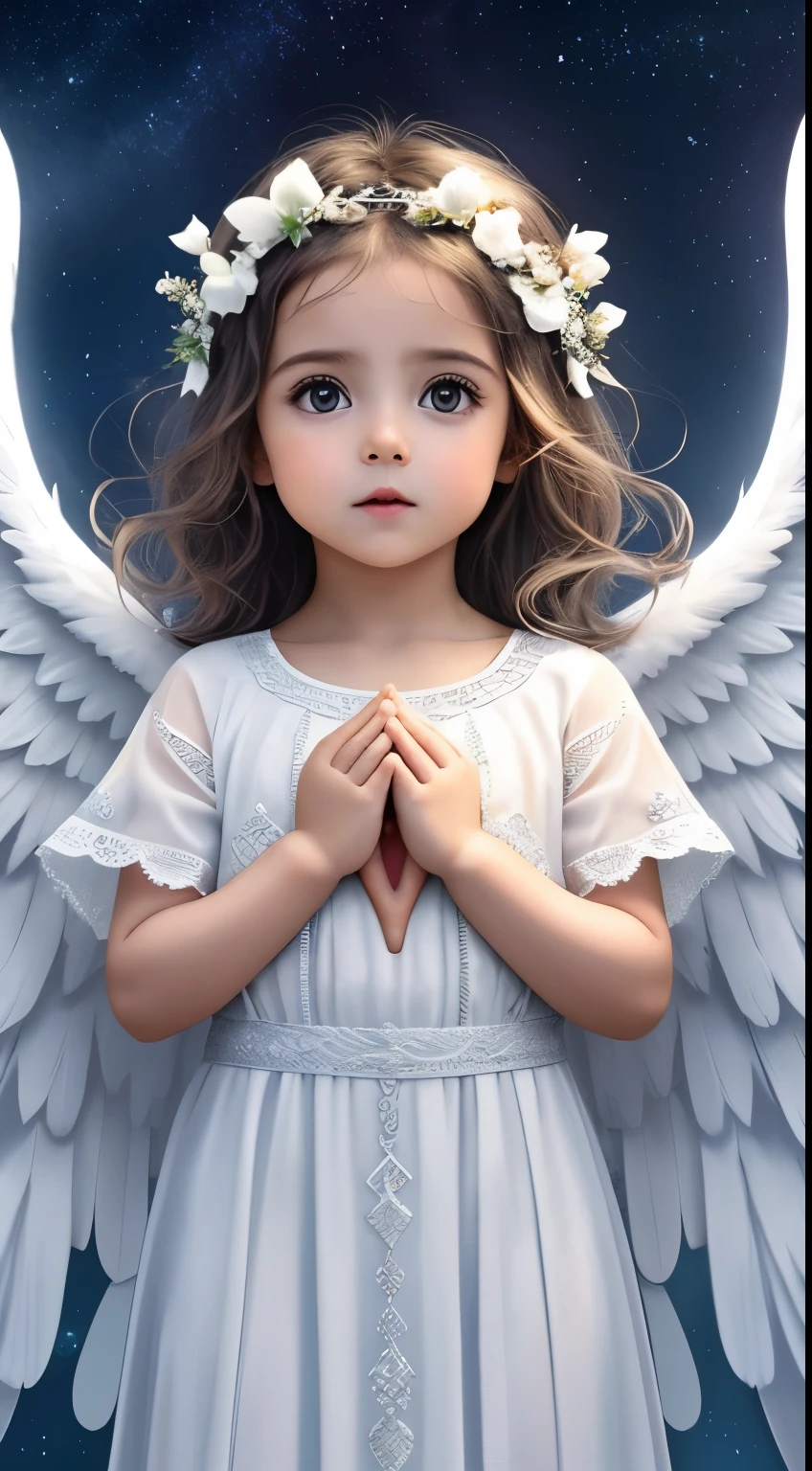 Create a scene of a 1 , Newborn baby, comloiros ondulados, cabelo loiro, realistic and with angelic wings for prayer videos.  hands in prayer position, The baby must be standing,  a calm expression, vestido com roupas de anjo e staring directly at camera com os olhos abertos. As asas do anjo devem ser delicadas e brancas, fixed on the child.  Baby in a Celestial Environ, com uma suave luz dourada ao seu redor, evocando uma atmosfera de paz e espiritualidade, creating a sense of serenity, Hope and divine protection.  In the image there is only a single baby. Concentre-se em capturar lhes realistas, Por favor, Look up at the camera. foco frontal, staring directly at camera. 8k, Ultra realista