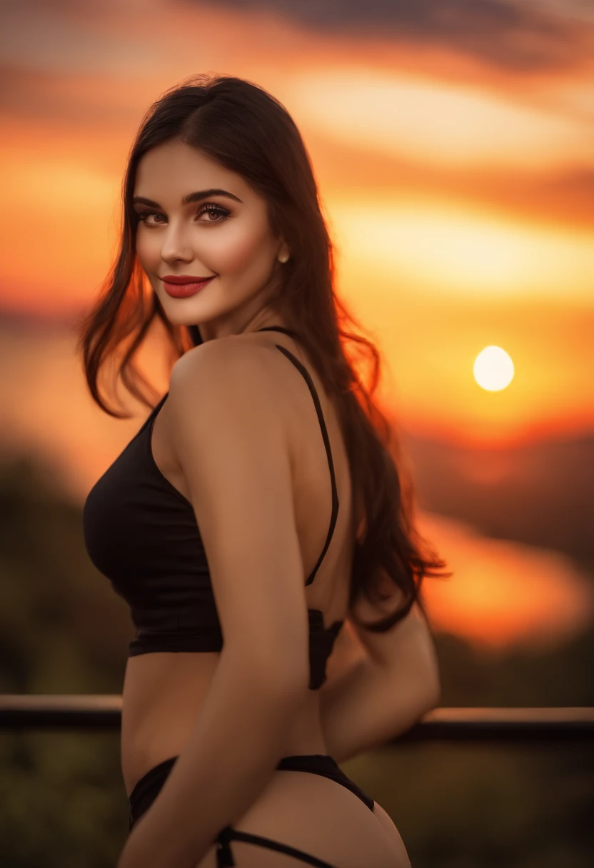 1 girl, photo model, Smile, Focus on the viewer, beautiful lights, best quality, masterpiece, ultra high definition, lifelike, black hair, short vest, shorts, stocking, medium breasts, White skin,( sunset background:1.4)