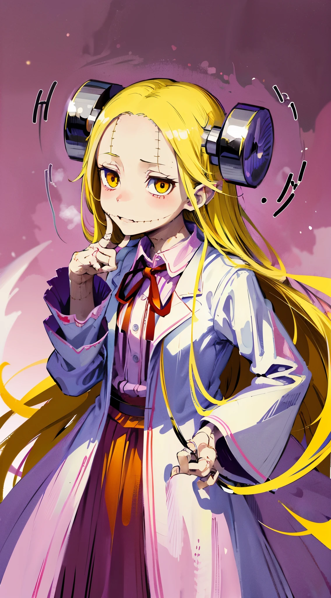 Madaraki_Fran,A girl ,stands,awkward,the madhatter ,white robe ,wrinkles,concerned,((bites his finger)), hairlong , yellow hair,seams , Scars on the body , A creepy look , scary eyes , An intimidating look , creepy smile , bags under eyes, ((((nervous))))
