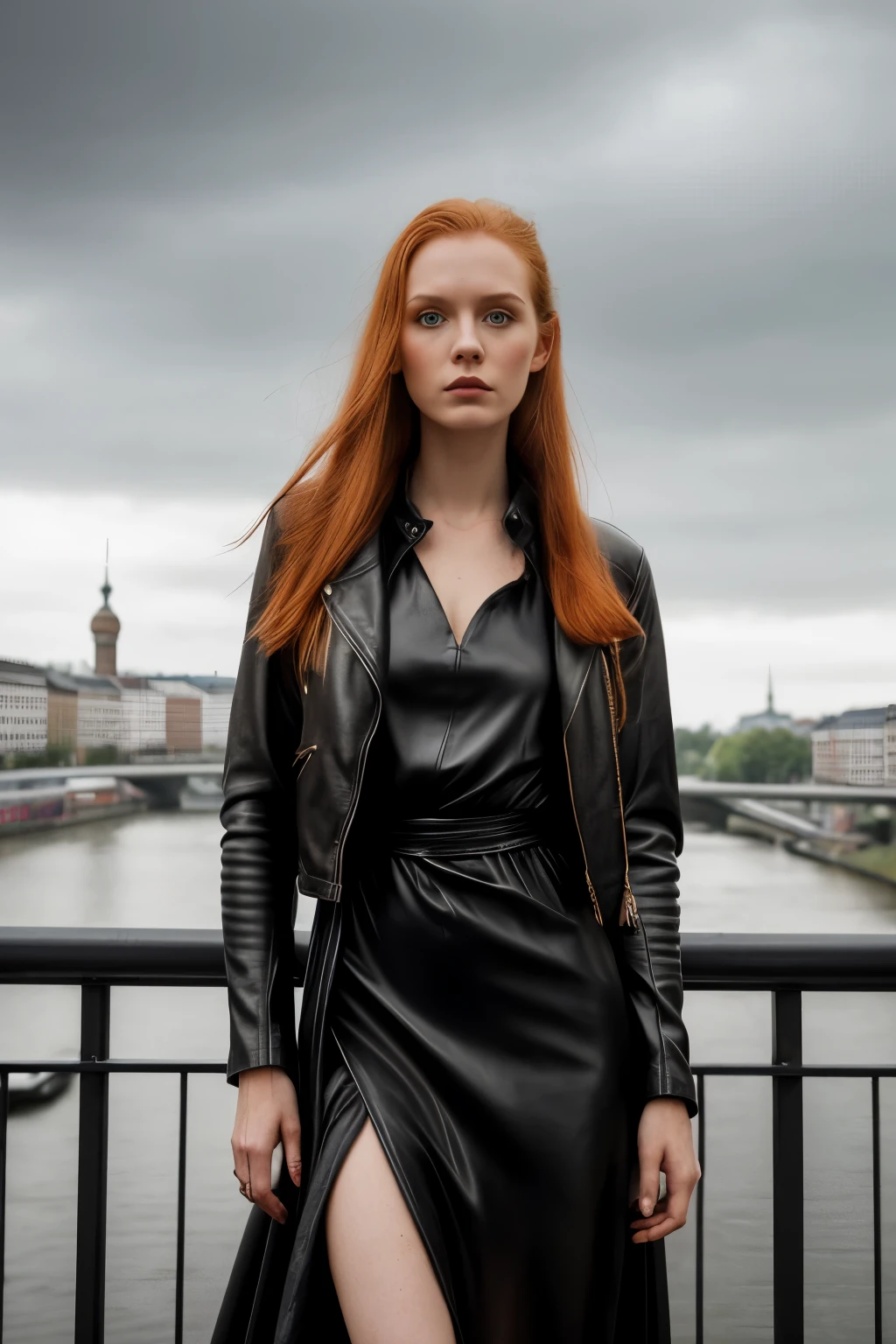 (best quality,photo realistic),1girl,EmilyFace,skinny body, toned body,in berlin, leather jacket, long dress, silk dress,long hair,ginger hair, gloomy day, no sun, twighlight