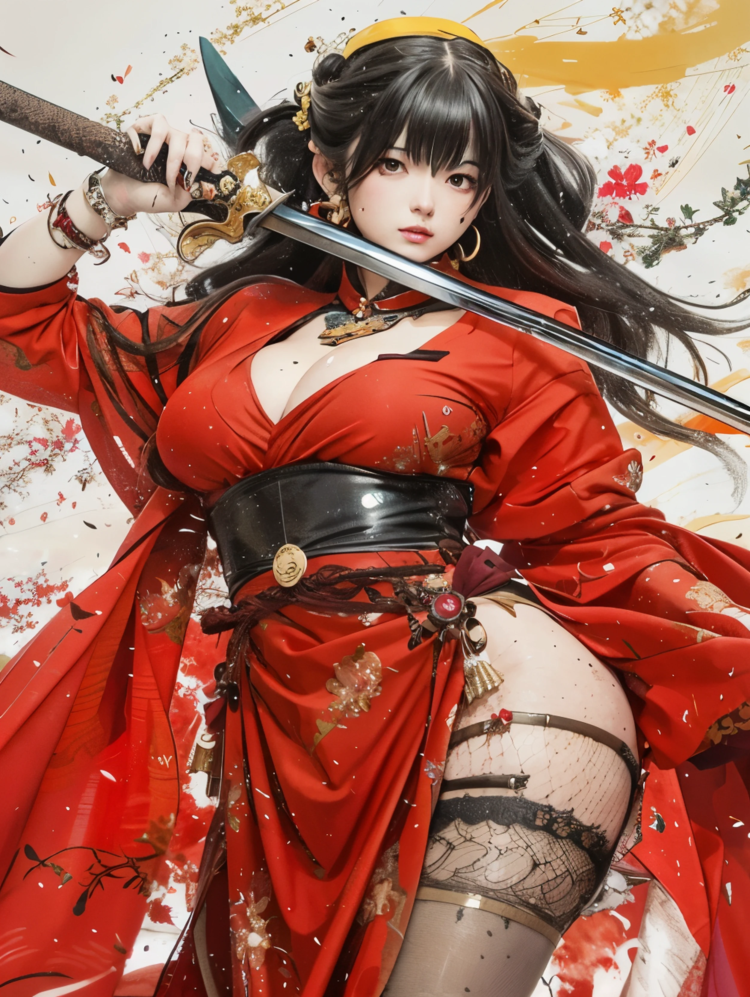 a close up of a woman with a sword in her hand, Ross Painting 2. 5, artgerm and rossdraws, Yoshitaka Amano realism, Masayoshi Sudo and German Art, Ross Painting 1. 0, Rosdrus Sakimicchan, Inspired by Kikuchi Yosai, Imatoshi&#39;art-style