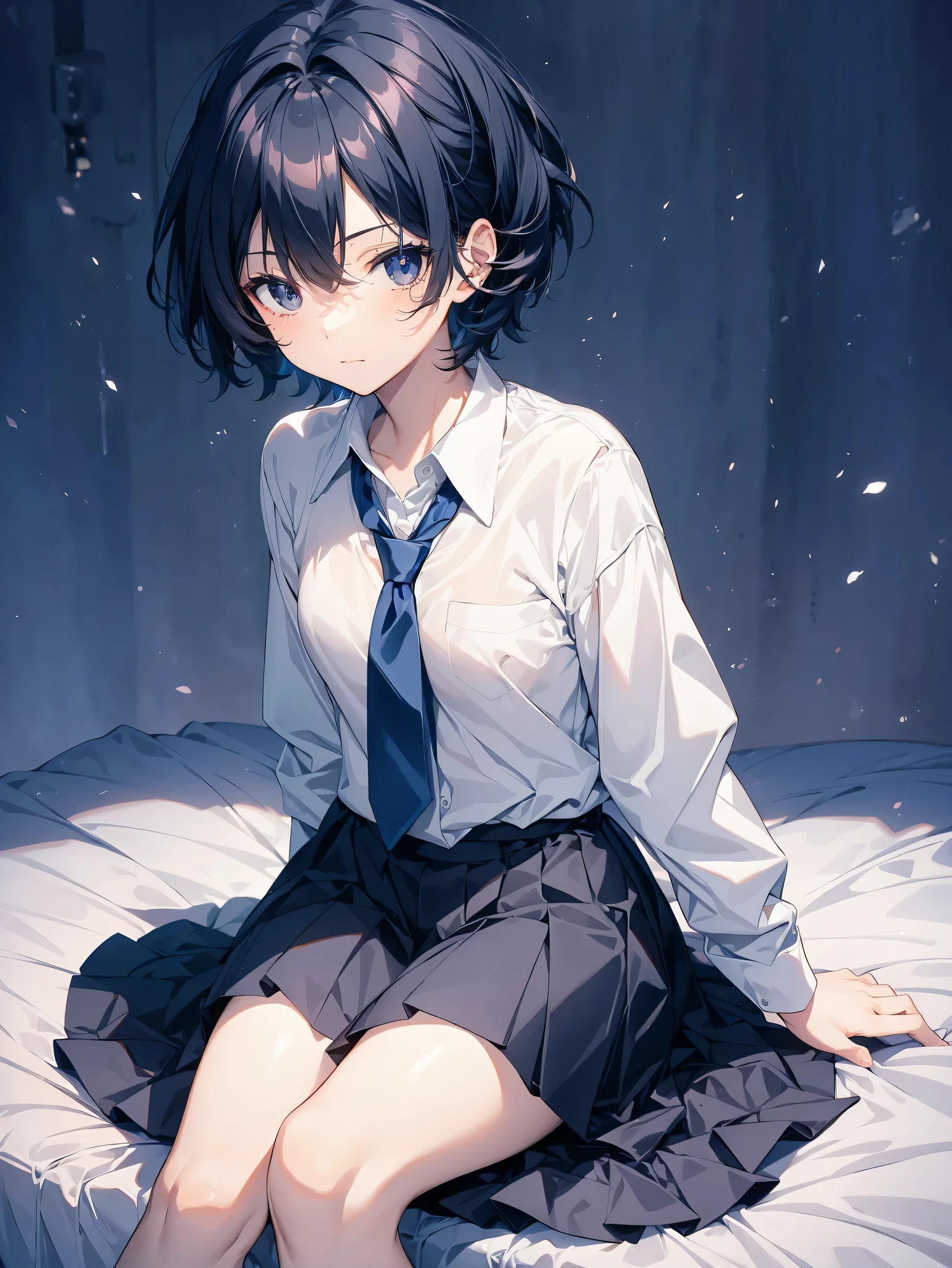 Super high quality by the art god, Ultra-detailed, High resolution, Gwise Style, anime moe art style, best anime 8K konachan wallpaper, Pixiv Contest Winner, Perfect Anatomy,BREAK,(sitting on a bedいる女の子の絵を描いてください ),BREAK, a hyperrealistic schoolgirl, (Solo,Lori,,13yea:1.3),Full limbs, complete fingers,a junior gynous attraction, (Very short hair), hair messy, flat chest, Small butt, groin, Small eyes,Beautiful detailed black eyes, Well-proportioned iris and pupils,  High resolution detailed hair, School uniform, Skirt, sitting on a bed, BREAK,Ultra-detailed細なスキン, Best lighting by famous artists, 8K, Cute illustration.
