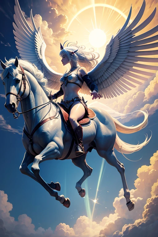 a beautiful pegasus with two wings, soaring in the clouds, the sun's rays sparkle