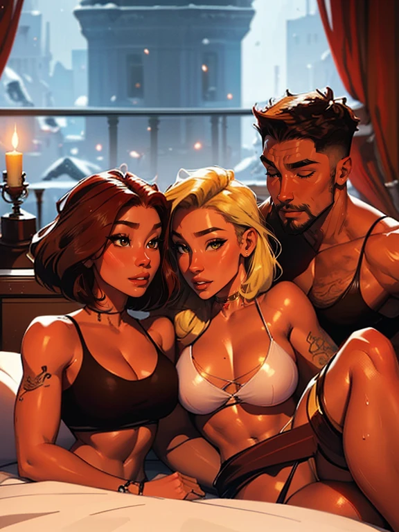 Muscular Handsome European ( tall&==((short-haired))) shirtless barbarian man with beard absolutely surrounded and being hugged and touched by (((three))) sexy women harem girlfriends bitches feeling his muscles and groin, women: long Flowing voluminous hair And curvy bodies with wide hips and nice asses, women wearing robes and underwear in a state of undress for clothes with straps draped on shoulders and waistbands on thighs, nobody looks identical, each person has a unique hair color and race and skin color, three of the hottest women to ever live loving this man, the three women share him as a boyfriend and enjoy helping him feel pleasure together, there are so many gorgeous women are here around this one man, they are desperately close to each other, expressions of ecstasy and joy and love on their faces, wrestling , hugging, tackling, massaging, grinding, Flirtatious, lounging in the fancy bedroom of a fantasy castle with windows, night and snowy winter outside, romantic candlelight that glows, worshipping him, sexual, kissing, sexualized positions, glowing glistening wet skin, tattoos, , jewelry, faces of pleasure and joy, pressing themselves together, romance novel cover poses, women competing for attention , one woman to his right and one woman to his left and one woman behind him, full body shot, (((ONLY ONE MAN))), orgy, if one woman has dark hair then the second one must have red hair and the third have blonde hair. If one is Asian than the other one is European and the third one is Polynesian and the fourth is African, nobody looks at the camera, everybody looks into another person's eyes, some women face Forward while other's face sideways and others face behind but all of them are facing the man