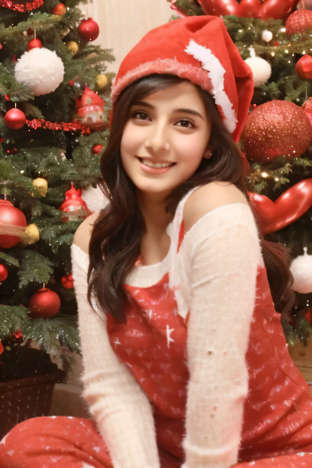 Create a cute girl named "Simi Khanna" age 19 wearing Red and white cap celebrating Christmas with Christmas tree and small kids with gifts in india