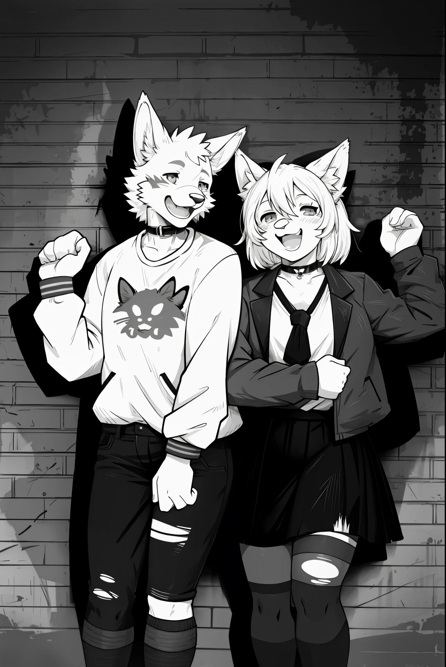 cover page, highres, top quality, best quality, paid reward available, unparalleled masterpiece, perfect artwork, absurdres, High-quality illustrations, laughing, perfect anatomy, lineart, monochrome, 1girl, kemono, furry, anthro, choker, shirt, torn legwear, open jacket, against wall, brick wall, graffiti, dim lighting, alley, dynamic angle,
