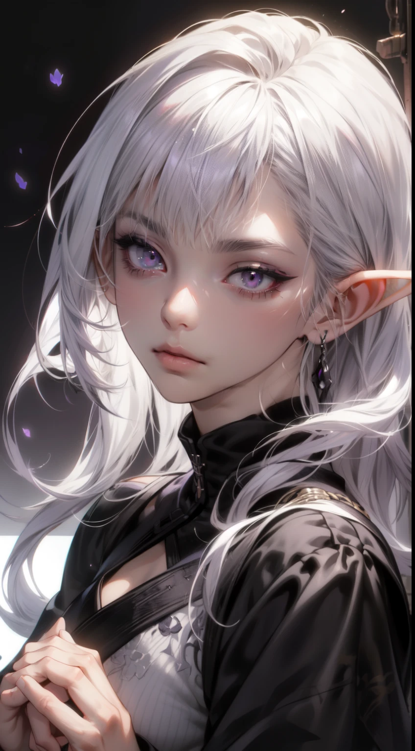 ((best quality)), ((masterpiece)), (detailed), perfect face, a woman dark elf who is a chaos knight, (design by Yoshitaka Amano:1.3), (corrupted:1.2), (rose in hands:1.1), (mysterious:1.25), (elegant:1.15), (dangerous:1.3), (dark and misty background:1.2), (intriguing:1.1), (purple and black colors:1.3), (sharp focus:1.2), (powerful:1.25), (sorrowful expression:1.3), (fantasy:1.2), BREAK, highly detailed of (dark elf), (1girl), solo, perfect face, details eye, Blunt bangs, (hair between eye), white hair, violet eyes, BREAK, eyelashes, eyeshadow, pink eyeshadow, (tanned skin:1.2)