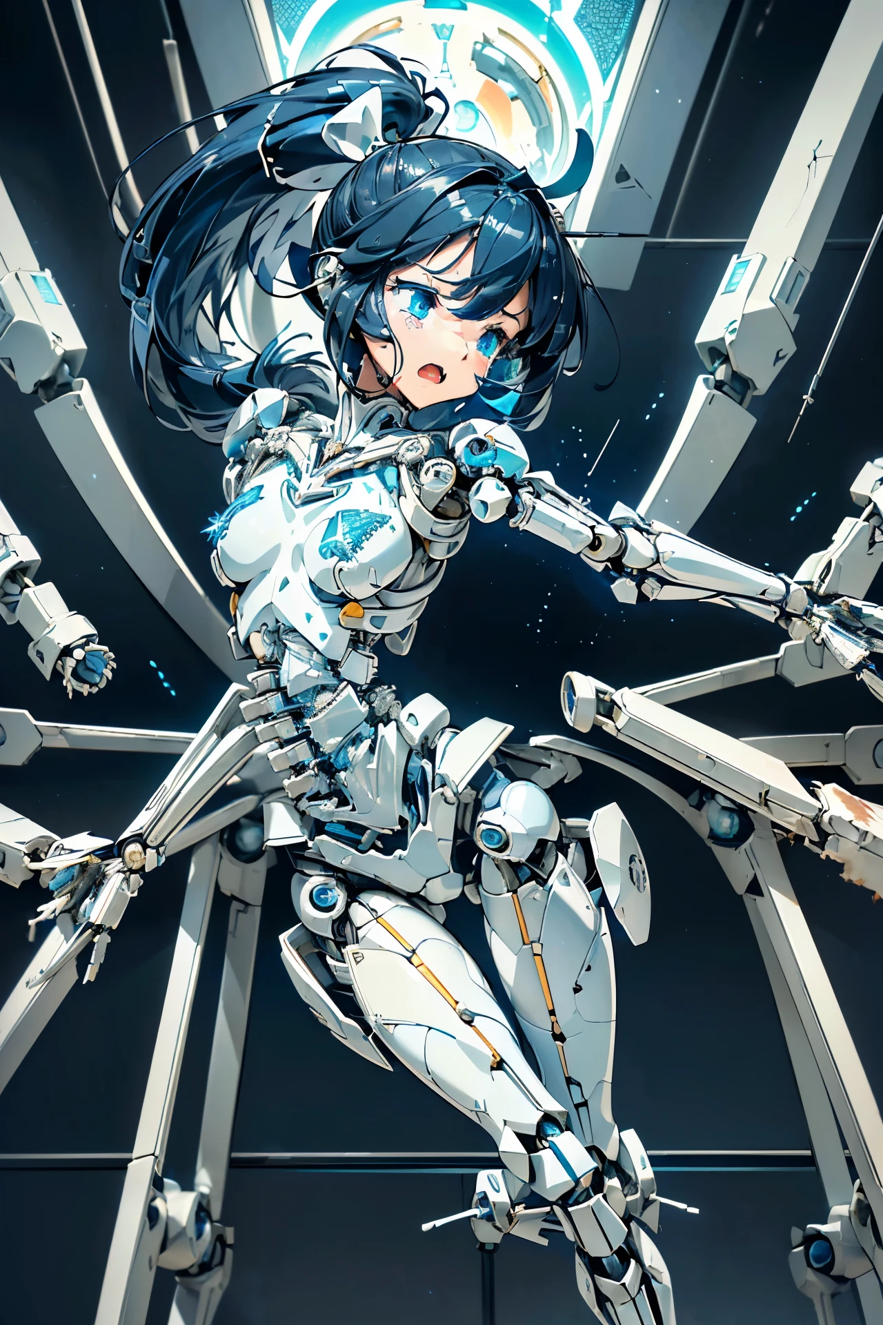 ((masterpiece))), (((Best Quality))), (((high quality))), (((beautiful))), (((8K))), (((highres))), (((absurdres))), (((exquisite))), (((Ultra high definition))), (((High resolution))), Girl Robot, (li:1.4), (Gamine:1.5), (small breasts:1.4), (Highly detailed and extremely complex mechanics:1.4), (Highly detailed eye depiction:1.4), (Streamlined body based on pure white1.4), White and navy blue pilot suit, White and navy blue tight-fitting clothing, White and navy blue shoulder cover clothes, White and navy blue shiny clothes, navy blue tight fit pants, White and navy blue thigh cover pants, (Super drooping eyes:1.4), (Machine body:1.4), (Mechanical joints:1.4), (An extremely complex machine visible through its joints:2), (Dark blue hair ponytail:1.4), (A long pure white cloth ribbon waving in the wind tied into her hair.:1.4), mecha musume, Mechanical parts, Robot joints, Headgear, (There are many cracks and scratches on the body and thighs.:1.4), (There are many cracks and scratches on the body and thighs.:1.4), (A battered body with many scratches and cracks:1.4), (A battered body with many scratches and cracks:1.4), (My overheated body exploded:1.4), (It exploded, spewing out a large amount of flame from its overheated body.:1.4), (The body overheated and exploded.:1.4), (A large amount of flame erupts from the cracks in the body and from the mouth.:1.4), (Mouth open:1.4), (Both eyes are closed:1.4), (Close both eyes:1.5), (Crying hard:1.4), (Get down on both knees:1.4), (From Side:1.3), (Looking away:1.3)