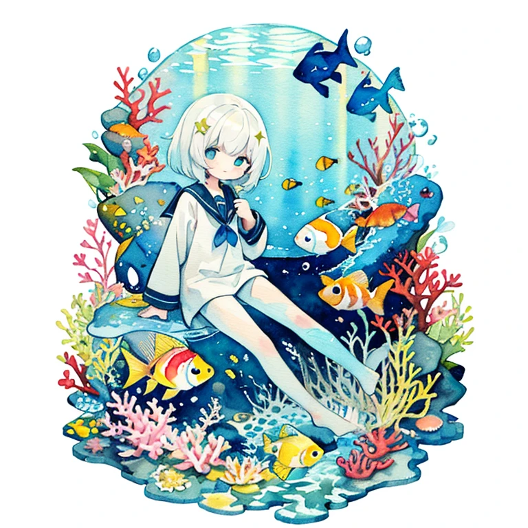 pastel colours:1.5)、(cute illustration:1.5)、(watercolor paiting:1.2)、light blue background、Girl with、Esbian for the whole body、ssmile、stranger、Pale yellow throughout the body、My、Marble、abyssal、corals、Reef、Little light around、particles of light、under water、fish、Fish shadow、sailor suit、Beautiful sea、looking at the spectator's uniform hair decoration、Coral reef on the head、Translucent feather robe、endearing smile、piece
