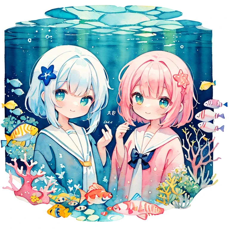 pastel colours:1.5)、(cute illustration:1.5)、(watercolor paiting:1.2)、light blue background、Girl with、Esbian for the whole body、ssmile、stranger、Pale yellow throughout the body、My、Marble、abyssal、corals、Reef、Little light around、particles of light、under water、fish、Fish shadow、sailor suit、Beautiful sea、looking at the spectator's uniform hair decoration、Coral reef on the head、Translucent feather robe、endearing smile、piece