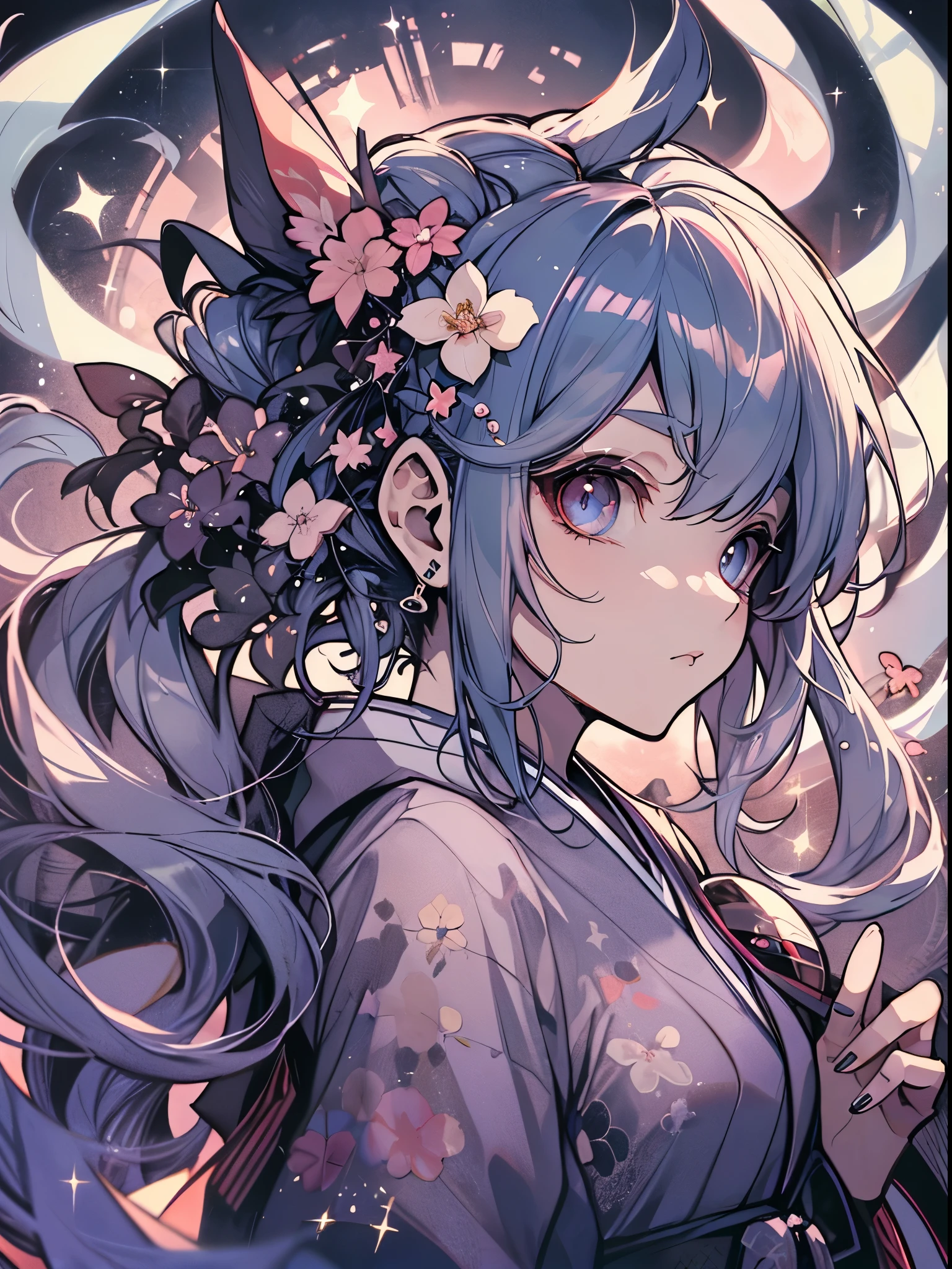 best qualtiy, 超A high resolution, A detailed face, A detailed eye, beautiful sexy woman, black and red kimono, moon in background, nigh sky, sake, Sparkle, butterflys々, Fantastical,