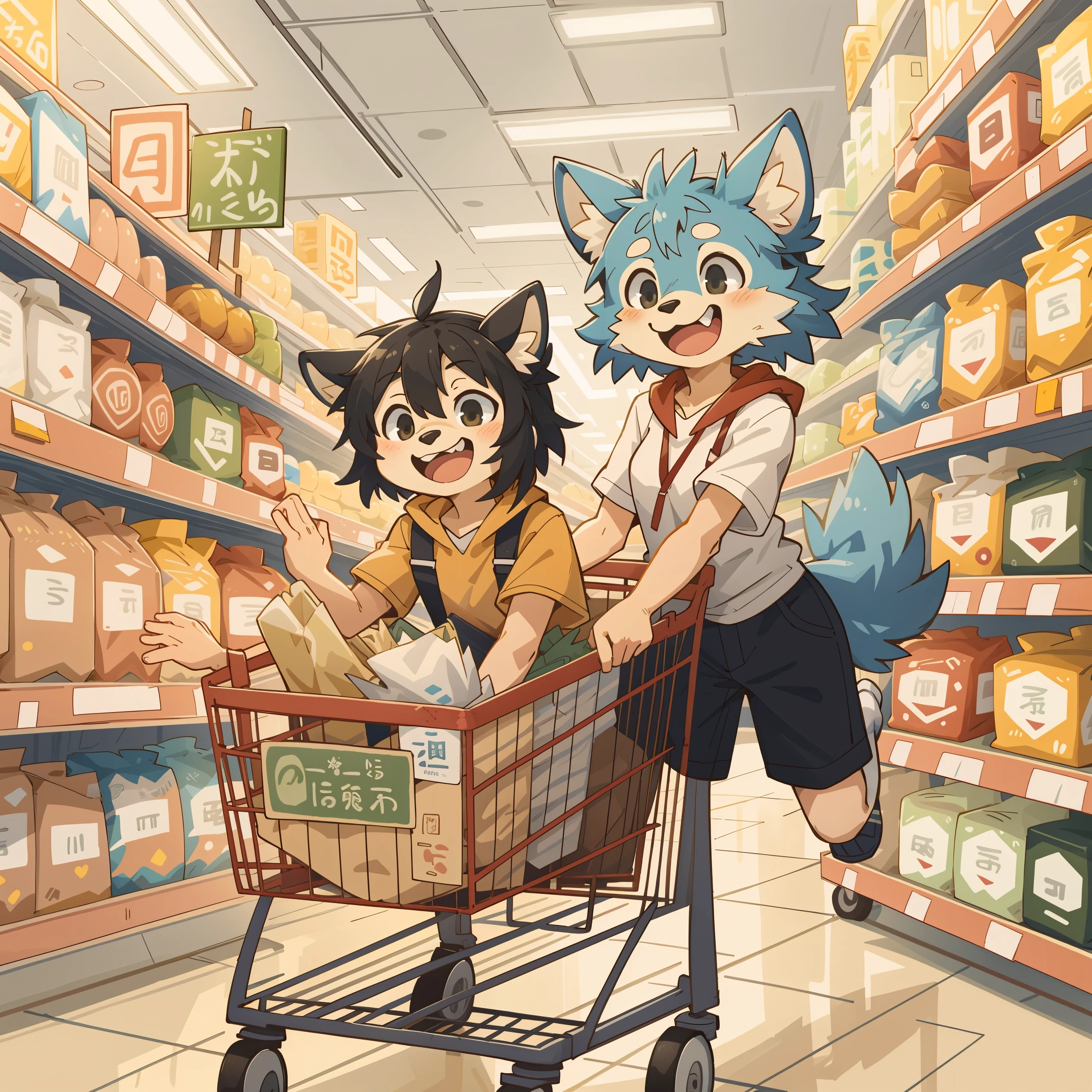 cover page, highres, top quality, best quality, paid reward available, unparalleled masterpiece, perfect artwork, absurdres, High-quality illustrations, laughing, perfect anatomy, 1girl, solo, single, kemoni, furry, anthro, in supermarket interior, shopping carts,