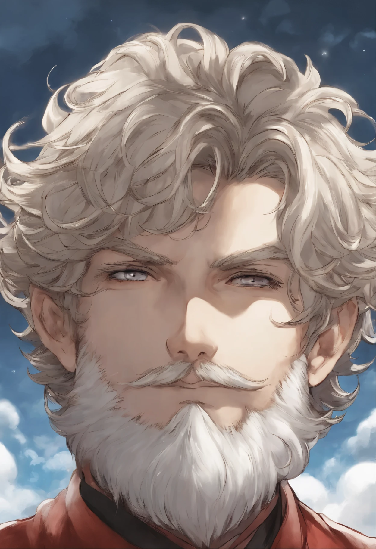 Close-up of a person, Santa Claus, fluffy clouds, shaggy clouds, casimir art, shigenori soejima illustration, boris valejo. octopath traveler, detailed anime character art, detailed key anime art, Granblue Fantasy, handsome guy in demon slayer art, Taisho Roman, crisp clear rpg portrait, Masamune Shiro, key anime art