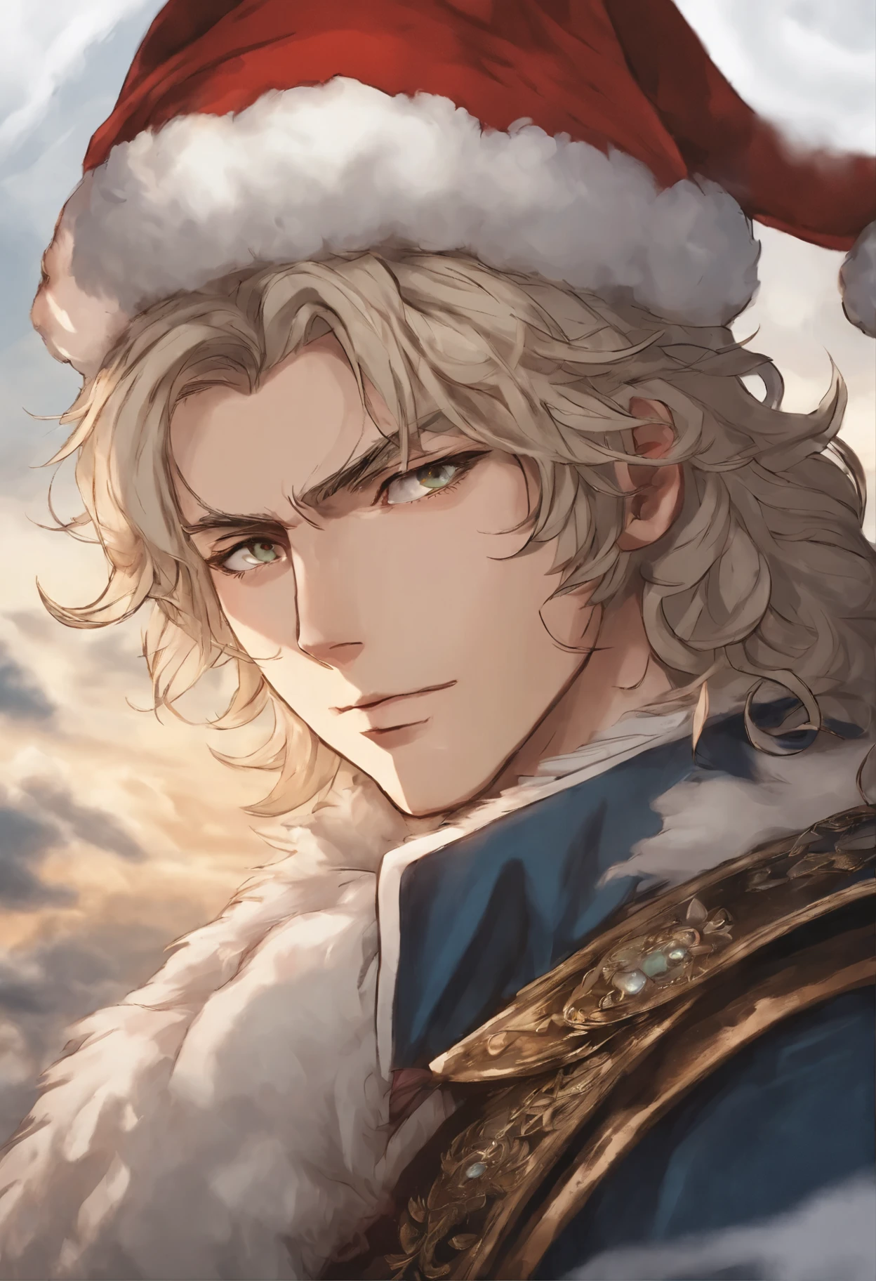 Close-up of a person, Santa Claus, fluffy clouds, shaggy clouds, casimir art, shigenori soejima illustration, boris valejo. octopath traveler, detailed anime character art, detailed key anime art, Granblue Fantasy, handsome guy in demon slayer art, Taisho Roman, crisp clear rpg portrait, Masamune Shiro, key anime art