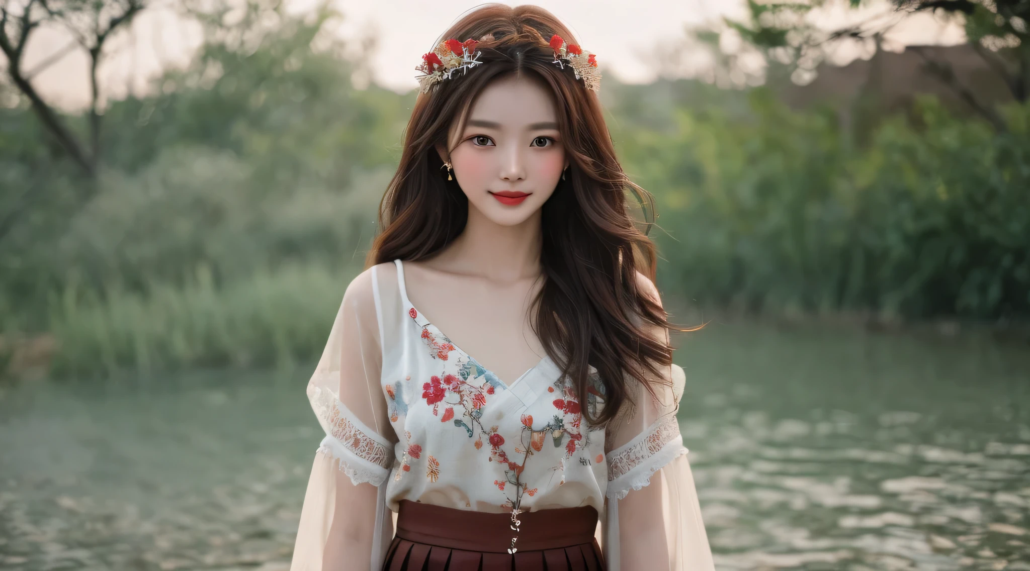 girl cujoami, 1 girl, ssmile, art of photography, vague background, Brown eyes, Brown hair, ear nipple ring, Flowers, hair Flowers, hair adornments, jewely, Open lips, cosmetics, a skirt, Alone, Beautifully saturated stunning photos, 超高分辨率,(actual:1.4)),深cel shadow,(Best quality, tmasterpiece), pale-skinned, dimly lit, cel shadow, Flustered, The face is red, The content is very detailed, ((upper part of body:0.8)), Skinny, BREAK depth of field, filmgrain, The skin is wrinkled, looking at viewert, knees, warm ssmile, (tmasterpiece,Best quality:1.5) tmasterpiece,ultra actual,32K,extremely detaild的 CG unified 8k wallpapers, Best quality, (upper part of body:1.2)