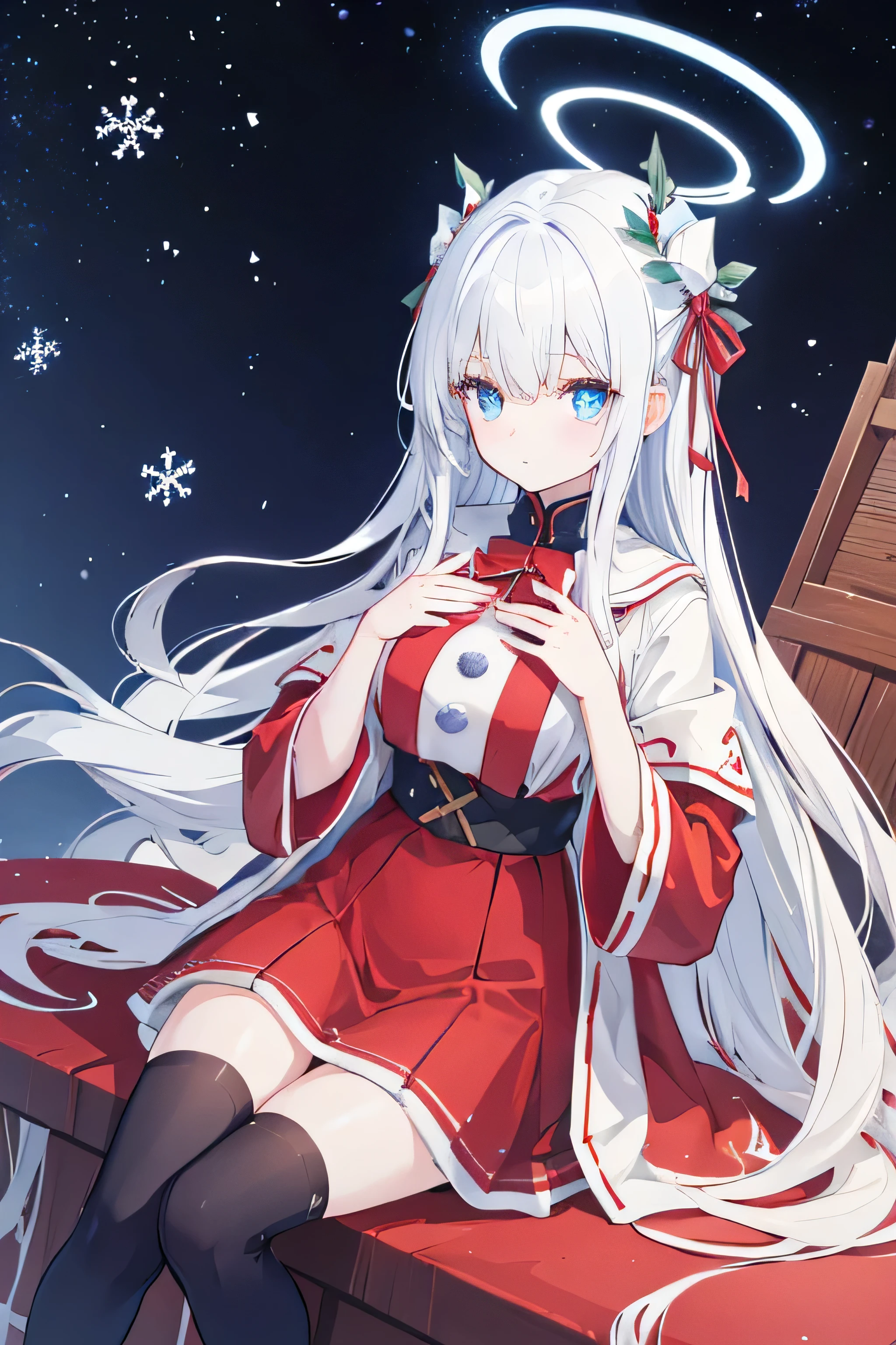 A human girl,Happy eyes,Side photo,white long straight hair,Hair has turned white,White hair,blue colored eyes,to emphasize,The eyes glow blue light,Women's hands,greenhorn,There is a blue halo directly above the head,Halo glows blue,Halos are polyhedral shapes,Wearing a cute red plush Christmas coat,Wearing a cute red plush Christmas dress,Wearing black boots,Wearing black stockings,There are red patterns on the clothes,The man in clothes has red decoration on his face,novice,Women's hands,独奏,in a warm wooden house,Sit on a huge gift box,There's a Christmas tree behind you,tmasterpiece,Extremely exquisite and beautiful two-dimensional exquisite painting style,Extremely delicate and delicate,8K high image quality,CG wallpaper,k hd,bad milk,Women's hands,greenhorn,,No wing decoration,There is a blue halo directly above the head,Halo glows blue,Halos are polyhedral shapes,No wing decoration