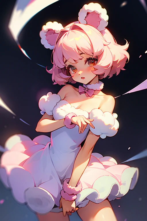 A bear of unknown gender has bear ears, dressed in a cute short dress.. short and fluffy hair