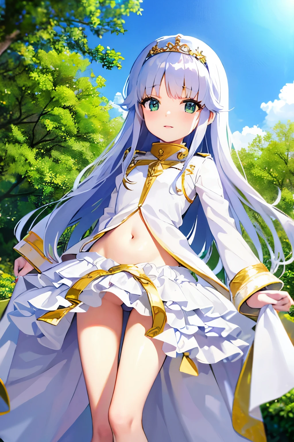 Cabello largo plateado, ojos verdes, petite, dress, white clothes, tiara, sonrisa, abdomen lindo, muslos hermosos, garden