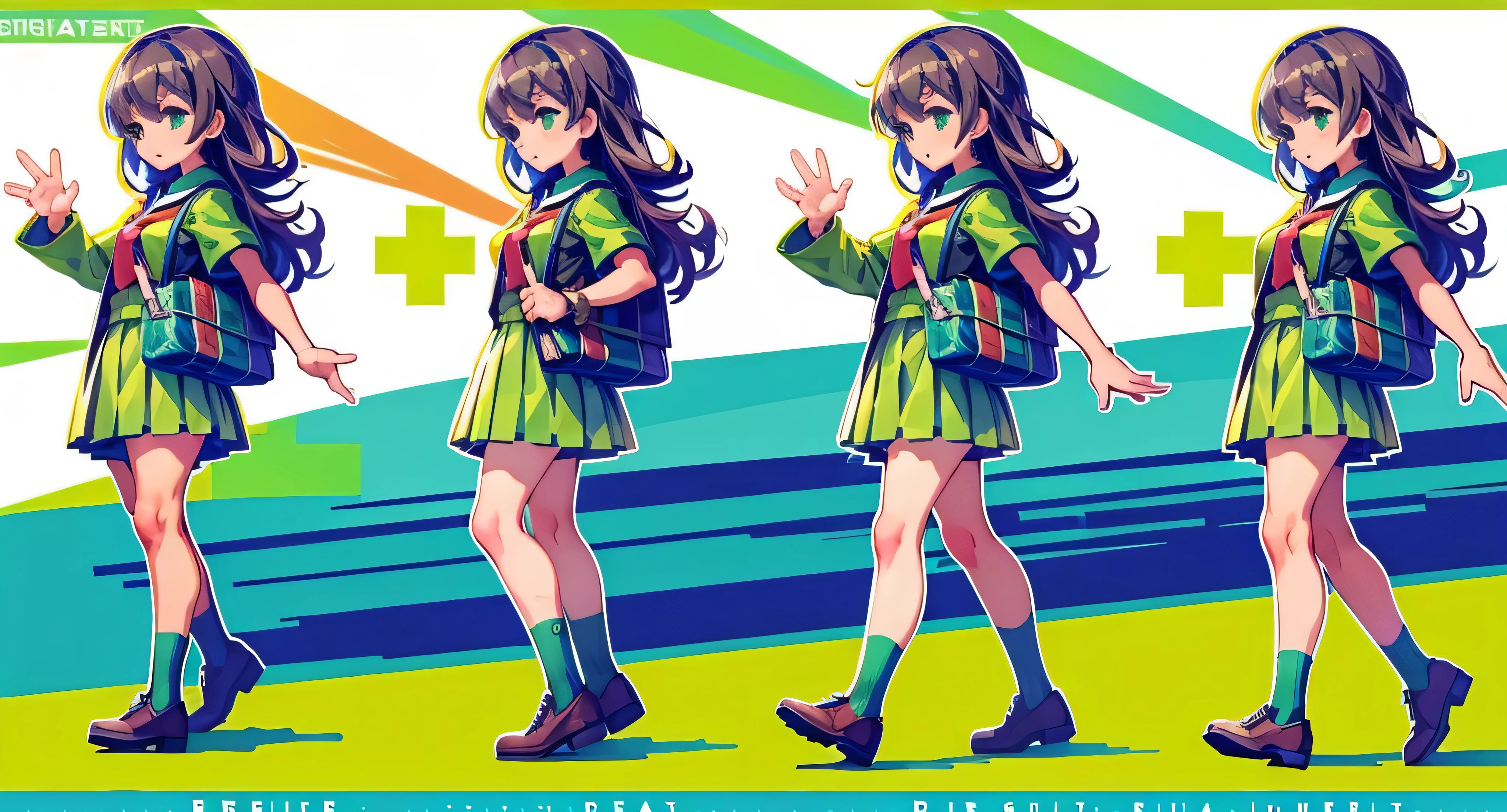 PixelArt, ((sprite sheet)), (green background), school uniform, walking, boy, brown hair, black uniform