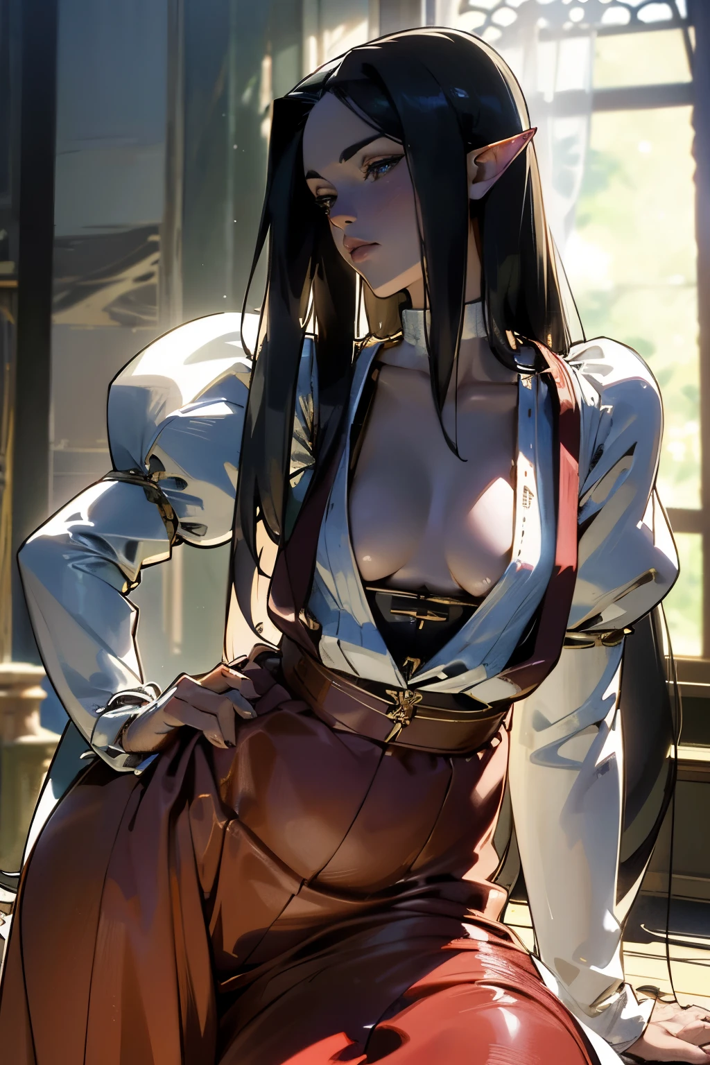 solo, (humble renaissance dress:1.0), ((masterpiece)),((high resolution)),((best quality)), extremely fine and beautiful, super fine illustration, (realistic skin), (insanely detailed anime eyes), milf, vivid and beautiful, shocking sensation, incredibly detailed, beautiful detailed girl, supple breasts, front view, facing at viewer, black hair, (elf), medium long elf ears, covered, ((black hair)), (very long hair), profile, small plump breasts, plump thighs, wide hips, movie lighting, perfect shadow, realistic lighting shaded
